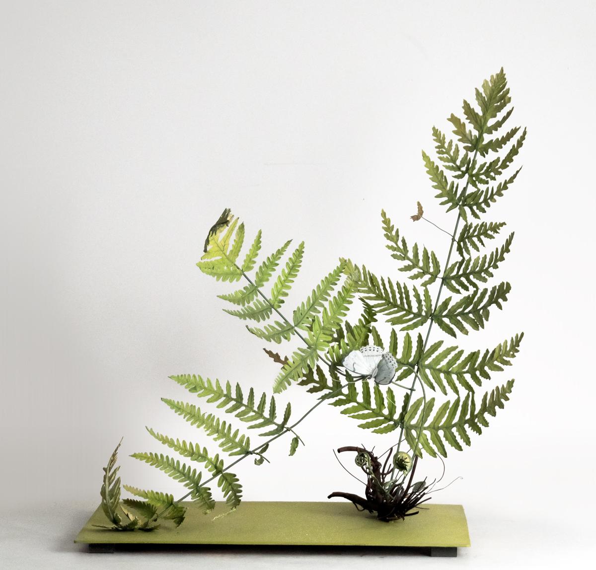 Carmen Almon Still-Life Sculpture - Fern with Large White Butterfly