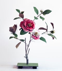 Two Tone Camellia with Owl Moth