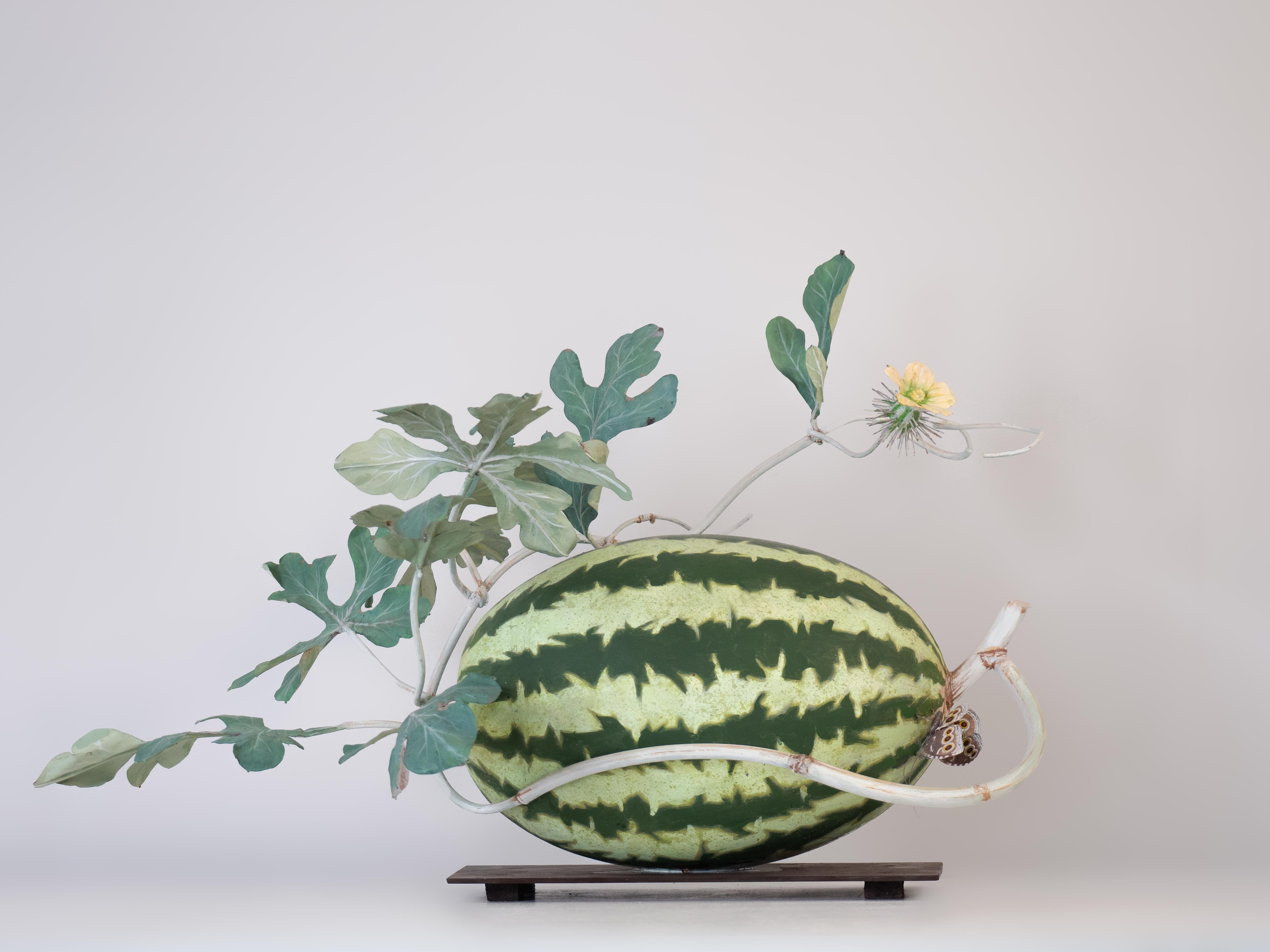 Carmen Almon Still-Life Sculpture - Watermelon with Morpho Butterfly