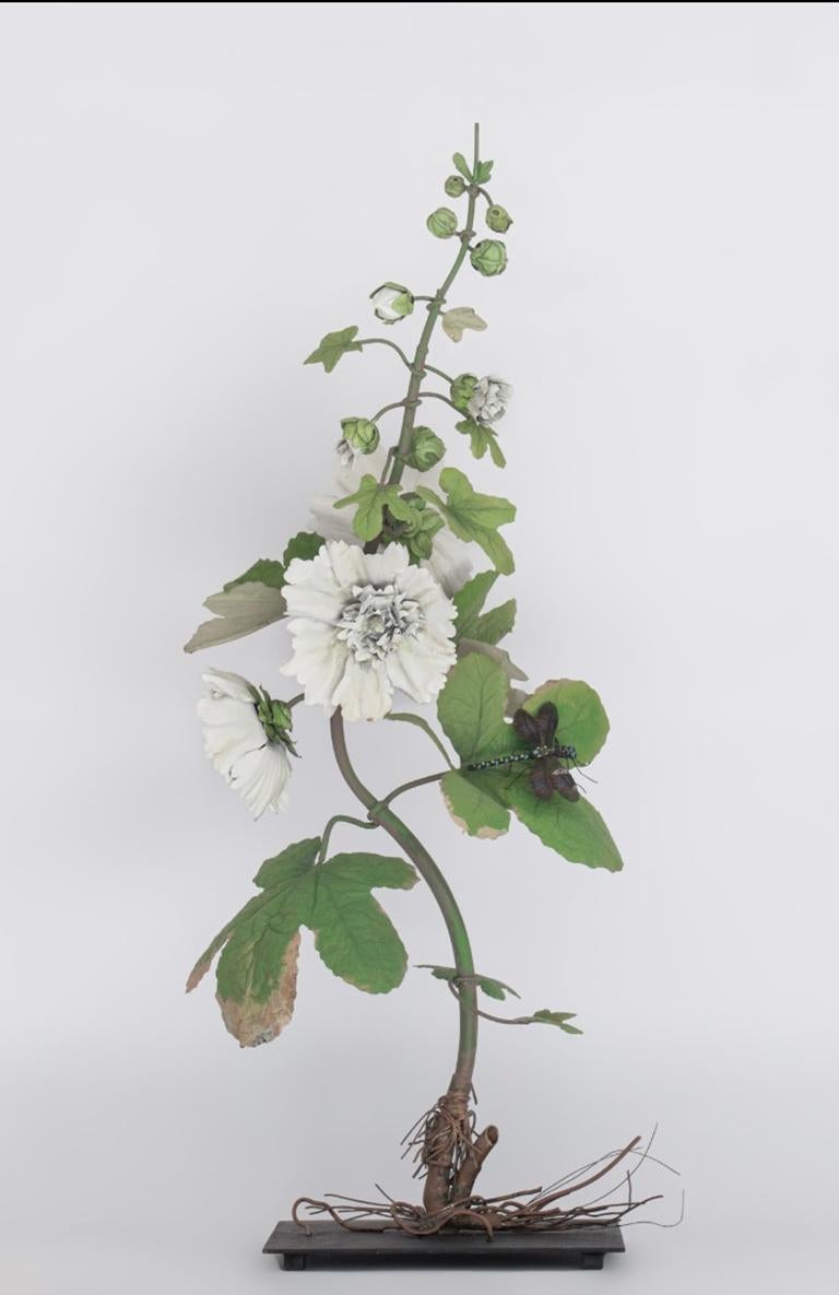 Carmen Almon Still-Life Sculpture - White Hollyhock with Dragonfly