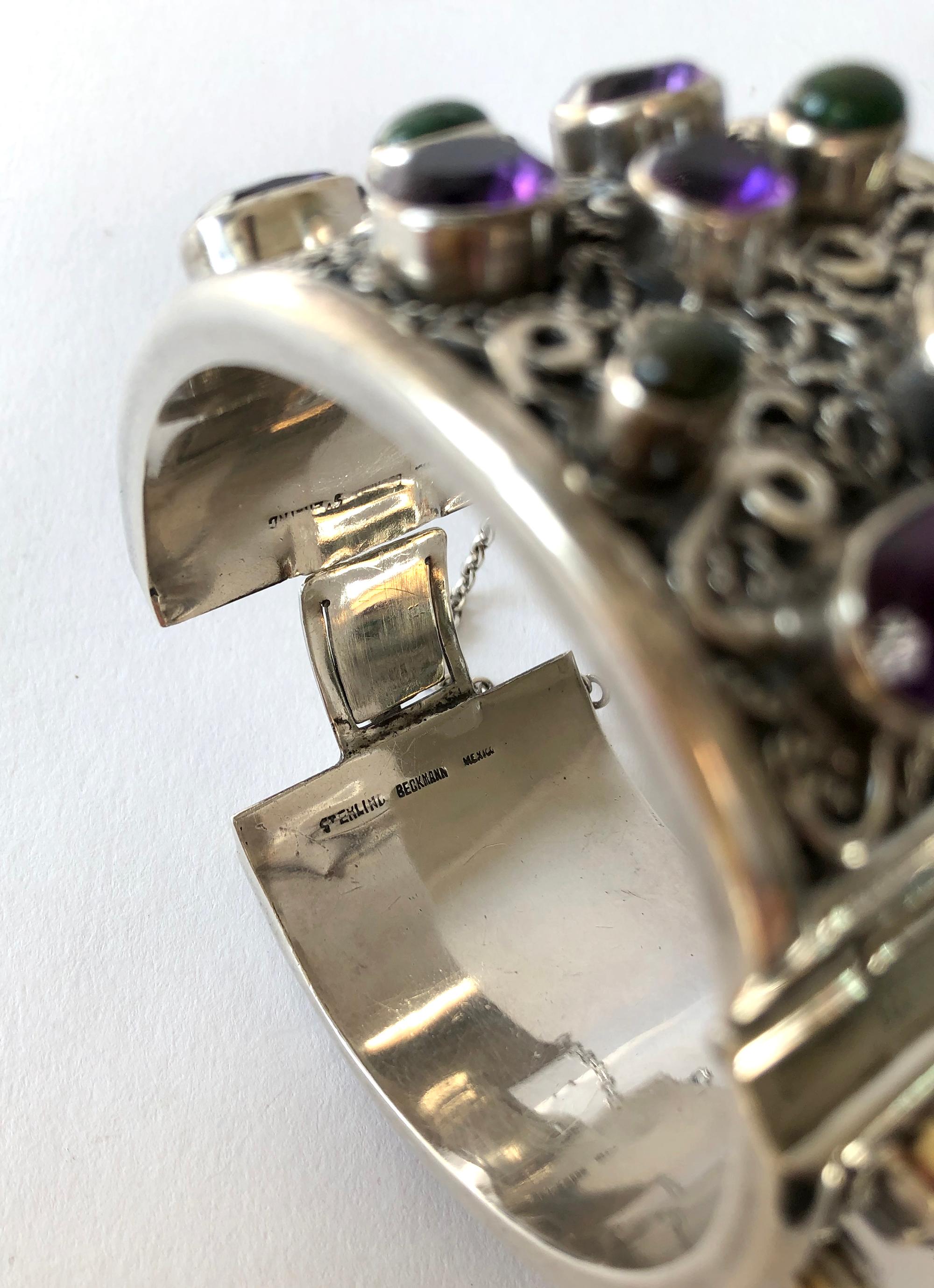 Artisan Carmen Beckmann Sterling Silver Amethyst Gemstone Mexican Modern Hinged Bracelet