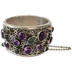 Vintage Carmen Beckmann Sterling Silver Amethyst Gemstone Mexican Modern Hinged Bracelet