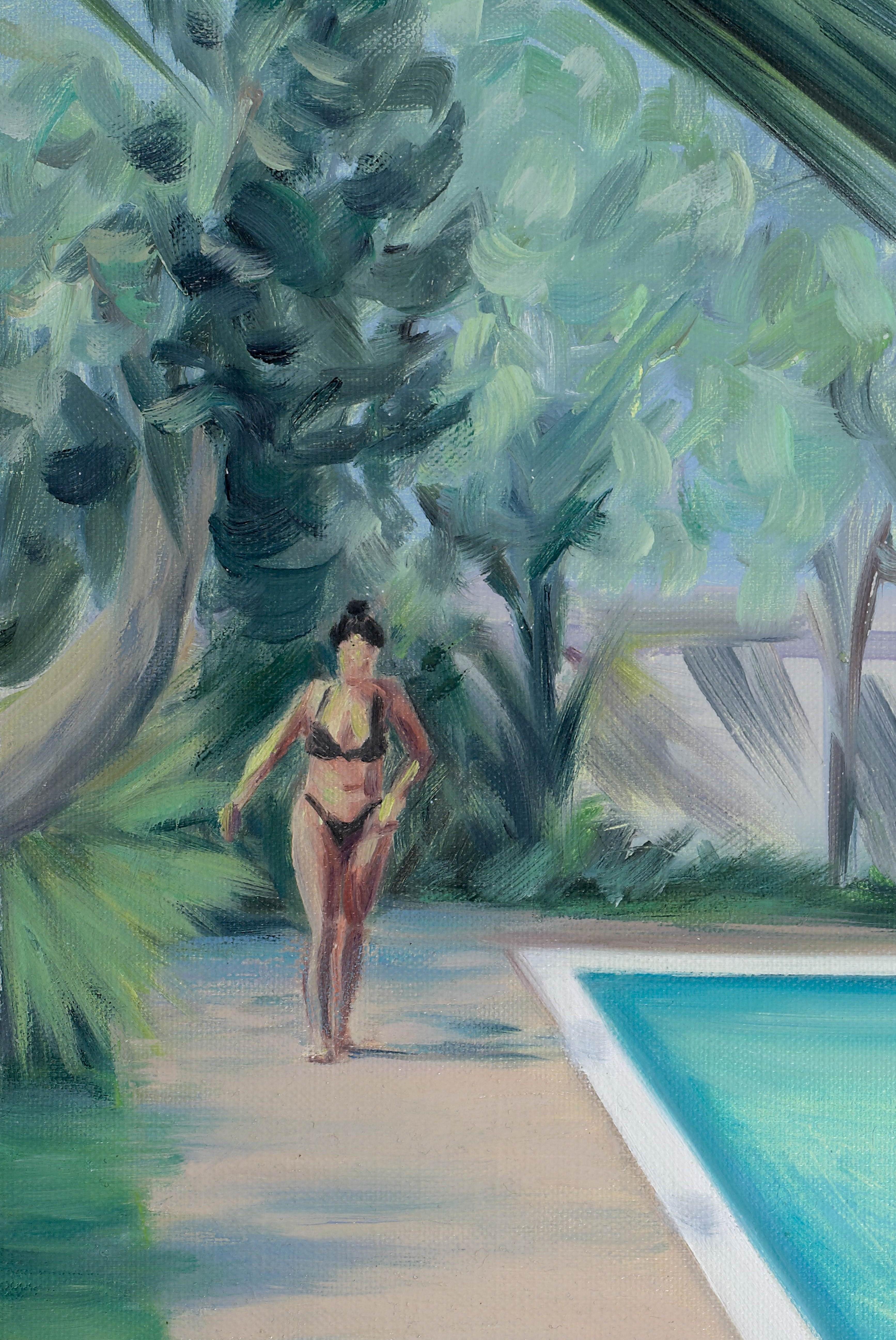 Coming Forward - Figurative painting, Water, Plants, Blue, Green, Nude - Photorealist Painting by Carmen Belean 