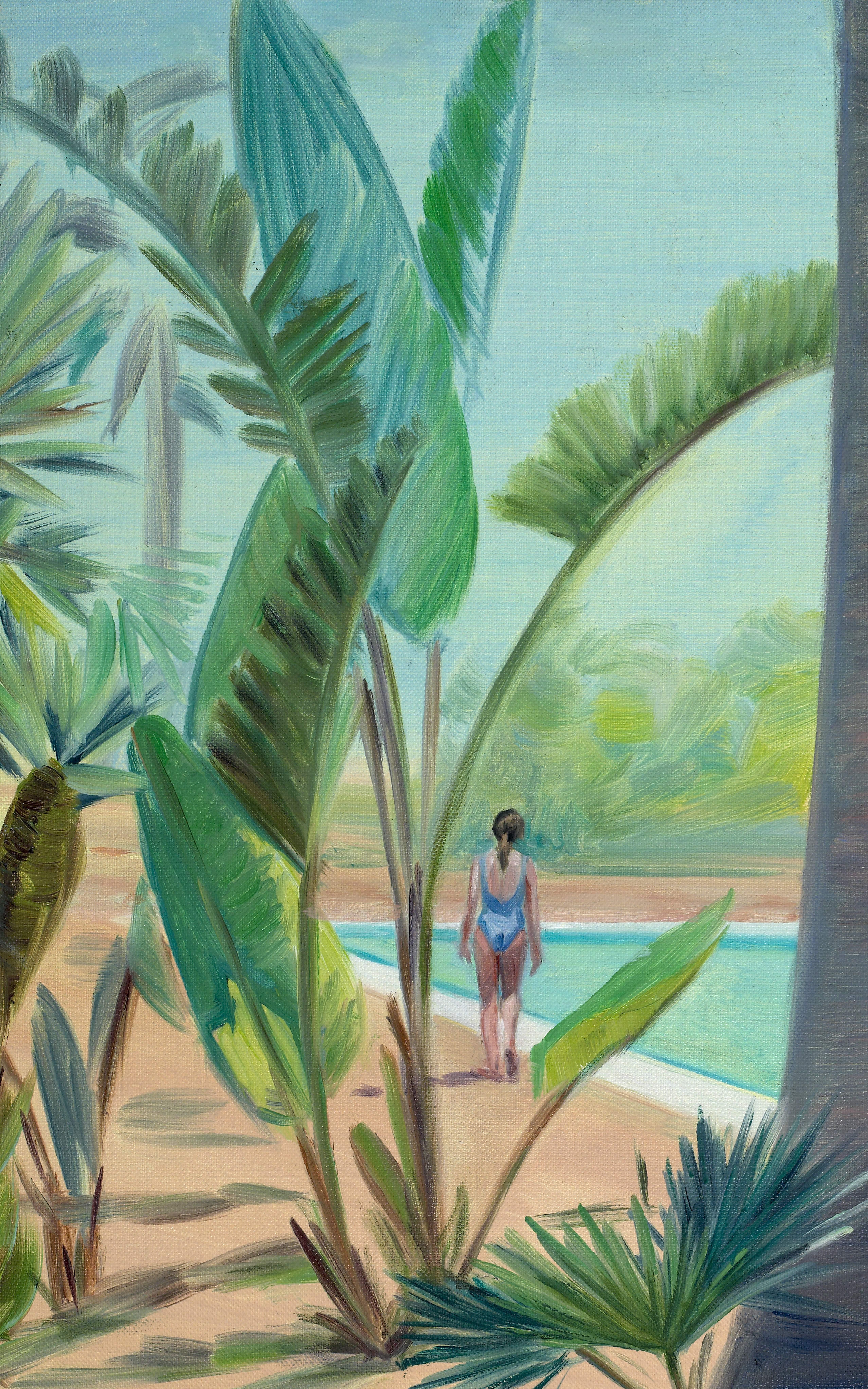 Rincón Verde, 2023
Óleo sobre lienzo 
81 A x 50 An cm
31 57/64 A x 19 11/16 A cm

El Rincón Verde de Carmen Belean es una cautivadora representación de la serenidad en medio de la naturaleza. Enmarcada por un vibrante follaje tropical, la obra