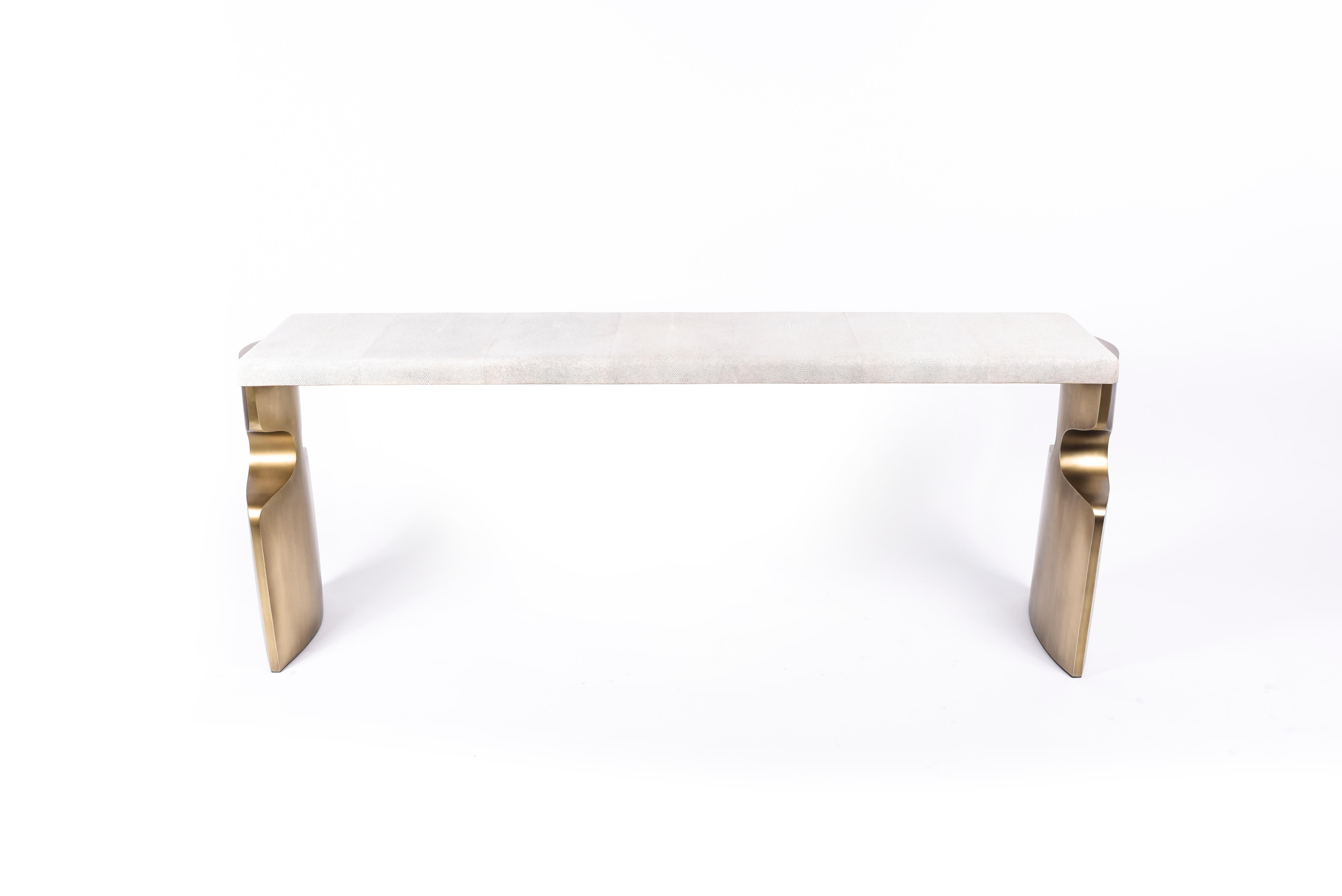 Art Deco Carmen Bench in Cream Shagreen and Bronze-Patina Brass by R&Y Augousti For Sale