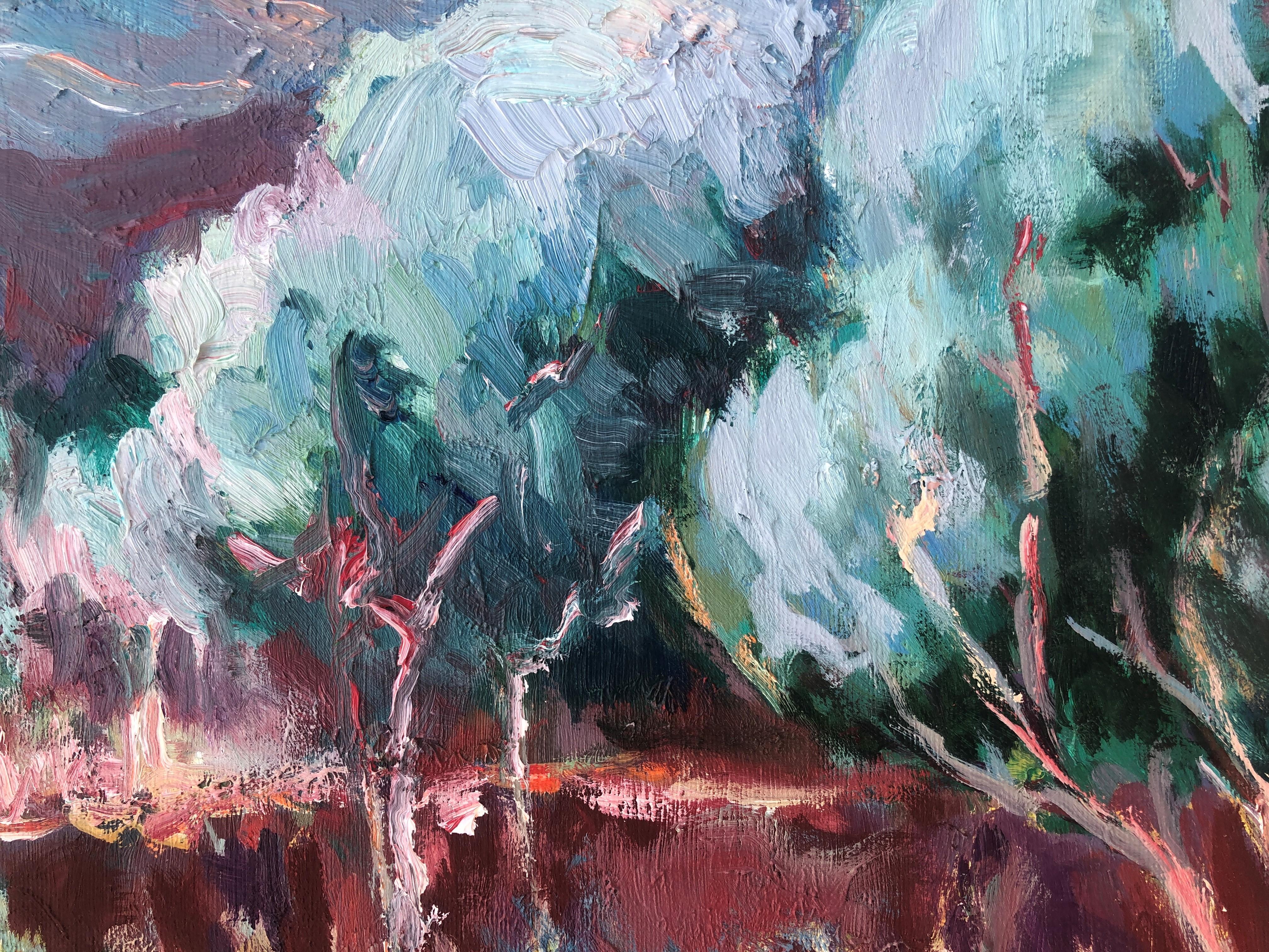 Peinture à l'huile sur toile d'un paysage de soirée, couleur claire - Gris Landscape Painting par Carmen Espel