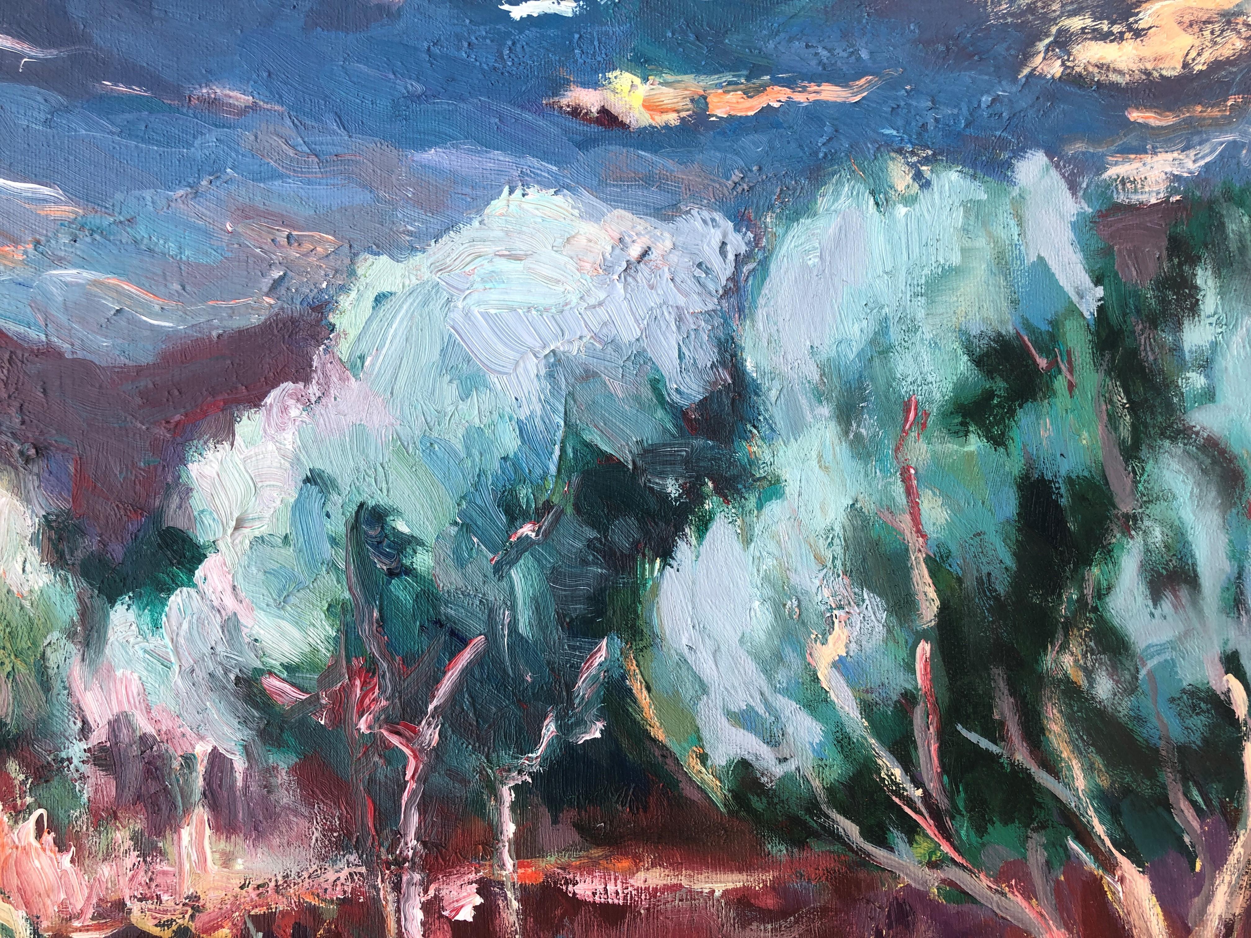 Peinture à l'huile sur toile d'un paysage de soirée, couleur claire en vente 1