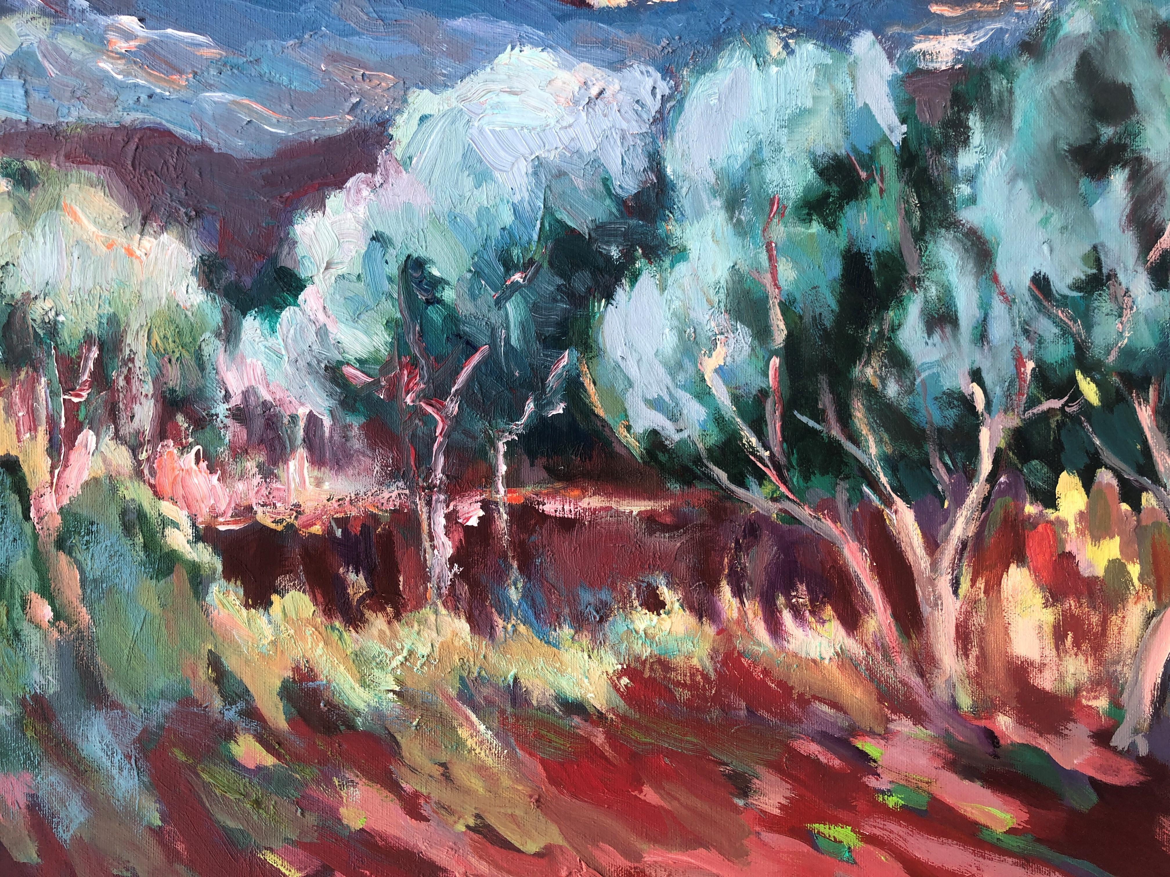 Peinture à l'huile sur toile d'un paysage de soirée, couleur claire en vente 2
