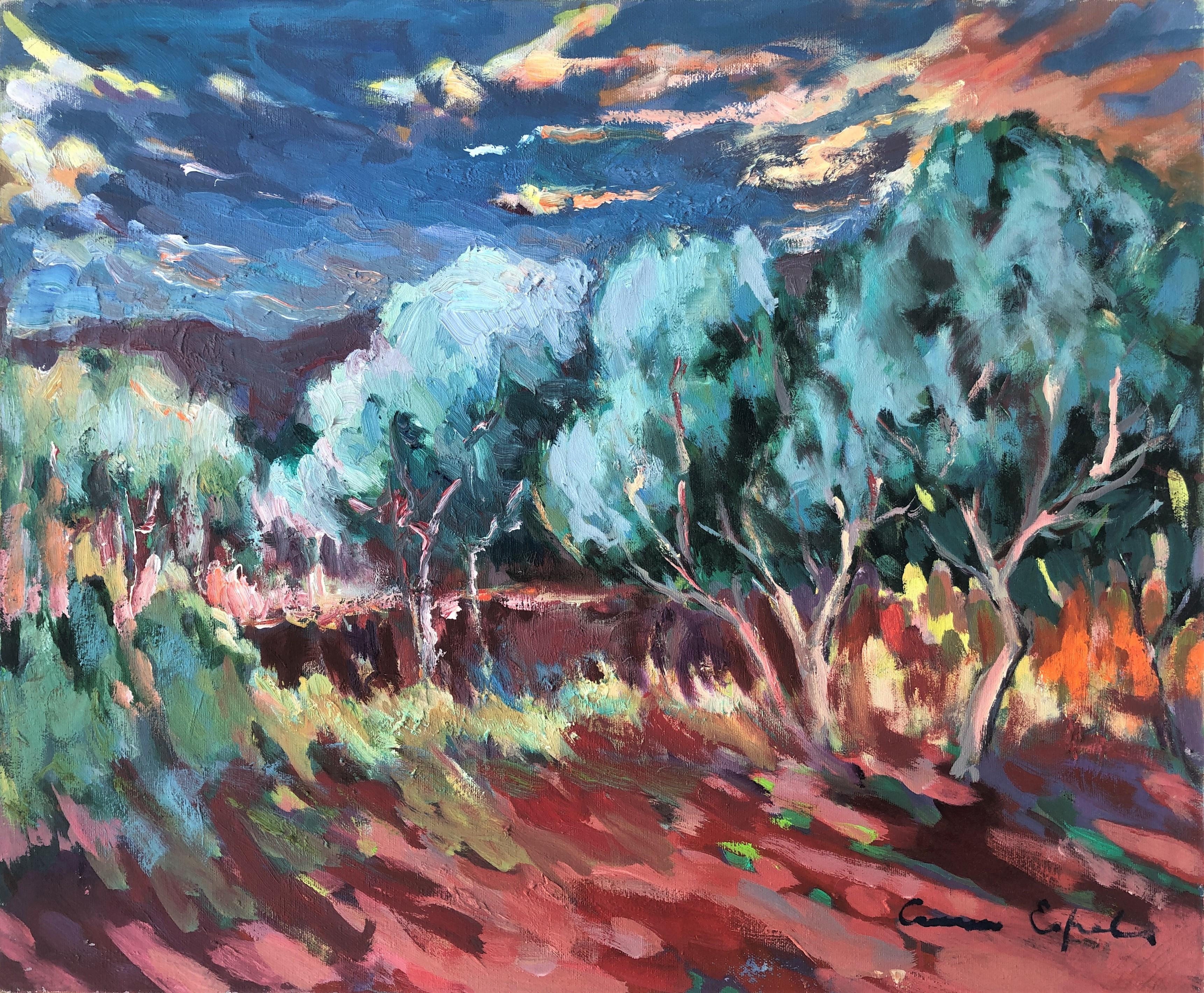 Landscape Painting Carmen Espel - Peinture à l'huile sur toile d'un paysage de soirée, couleur claire