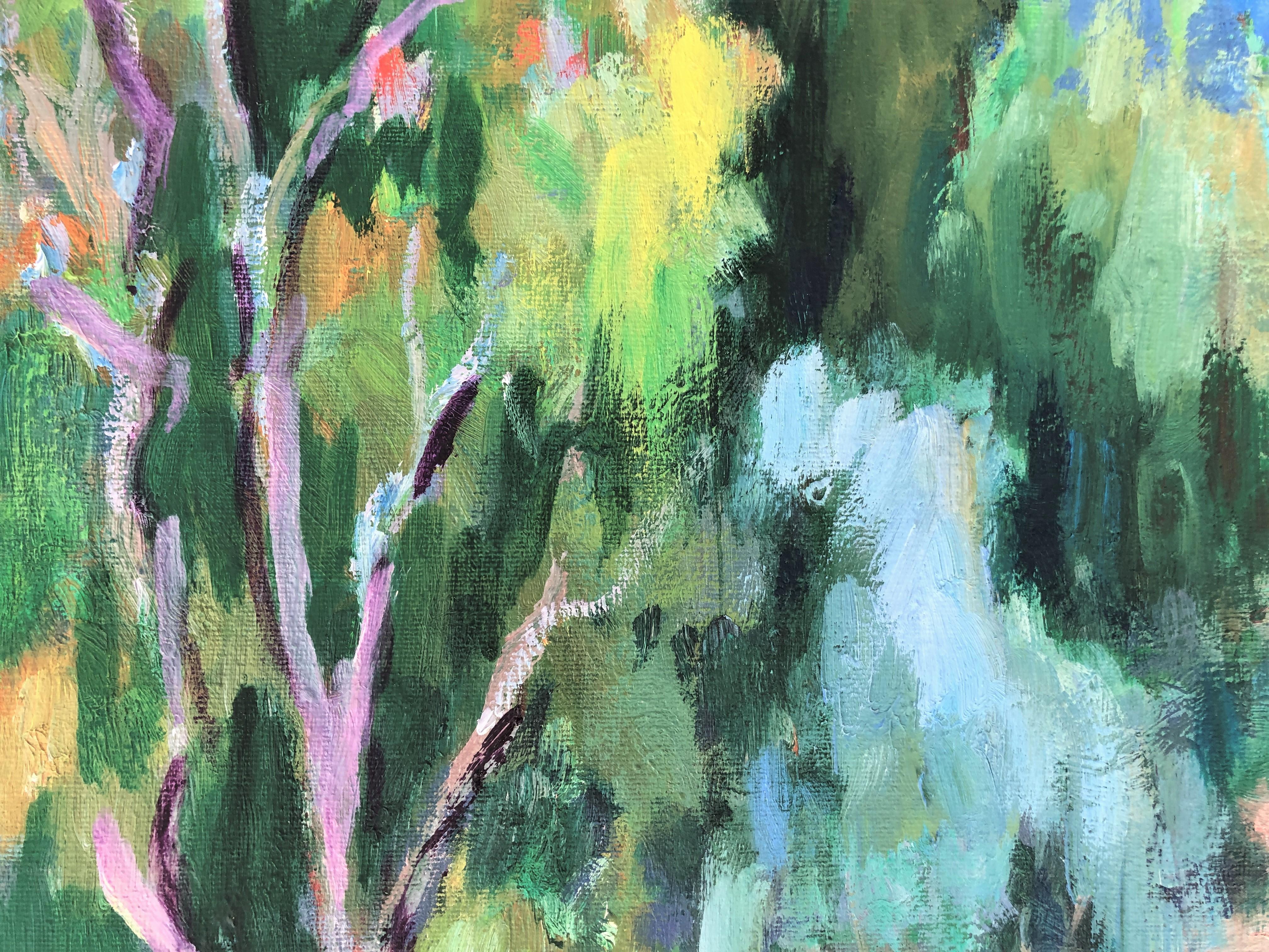 Garden with fountain spanish landscape oil on canvas painting - Post-Impressionist Painting by Carmen Espel