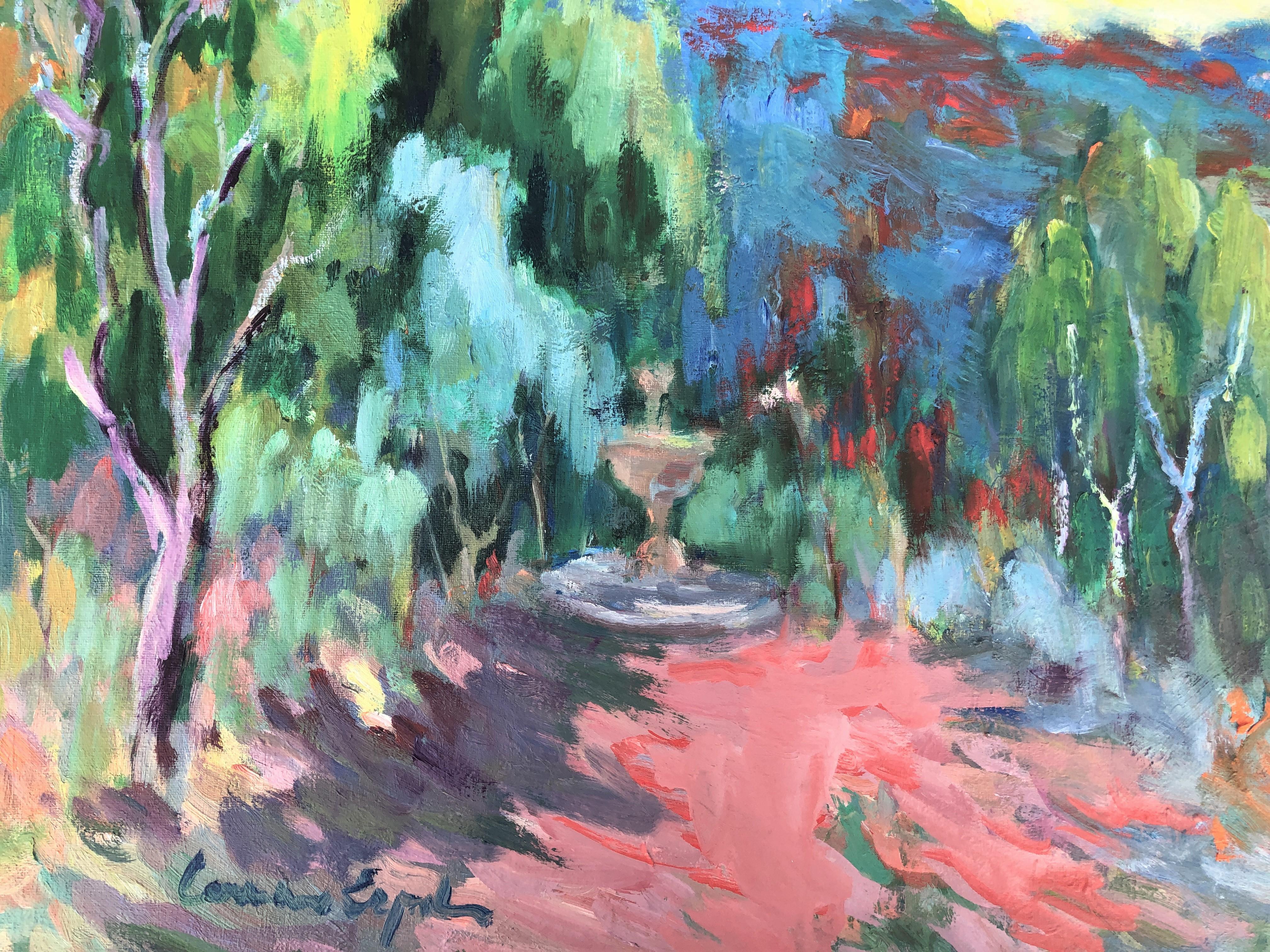 Garden with fountain spanish landscape oil on canvas painting - Gray Landscape Painting by Carmen Espel