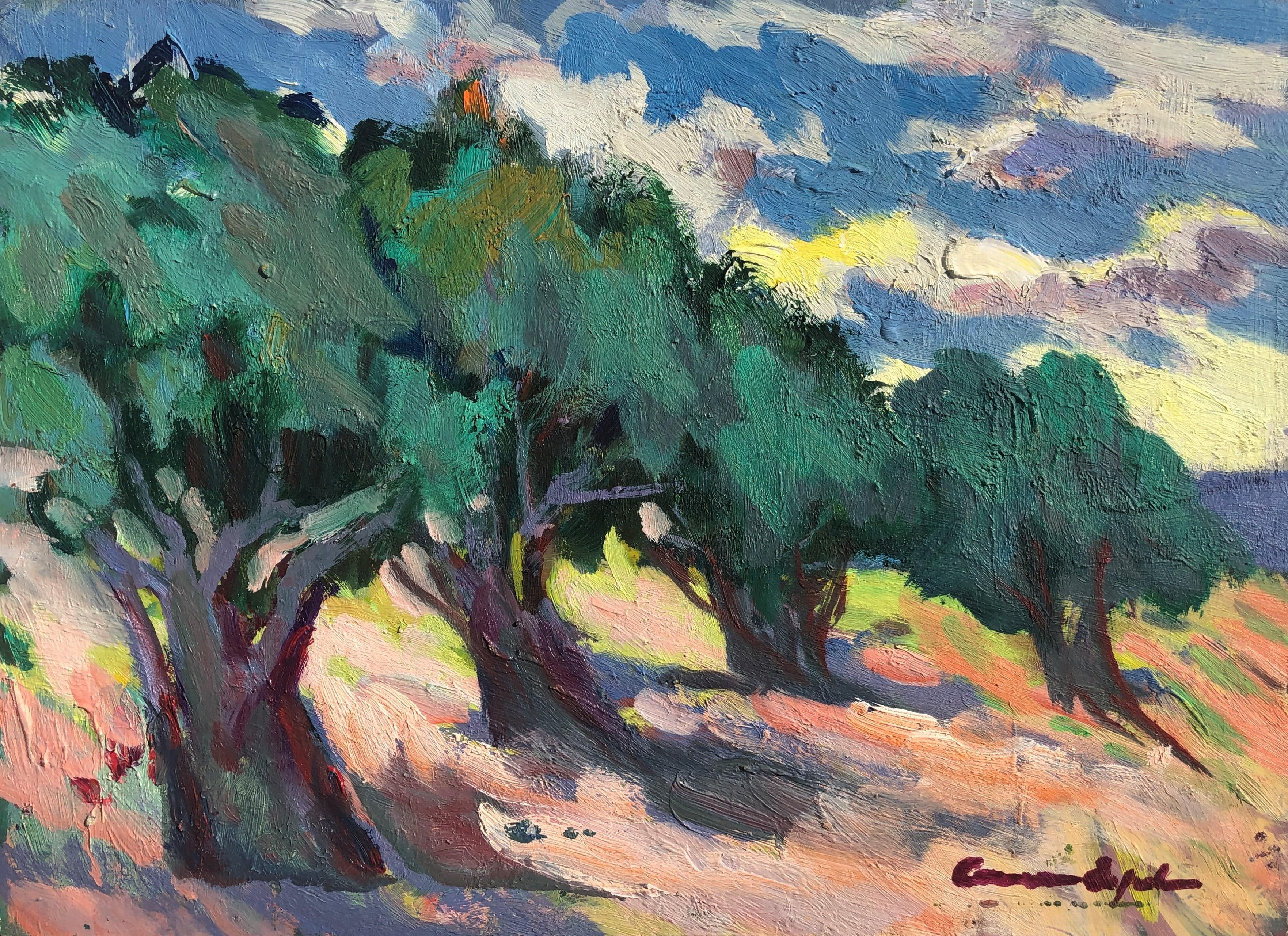 Carmen Espel Landscape Painting - Spanish landscape with olive trees oil on board painting
