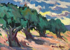 Spanish landscape with olive trees oil on board painting