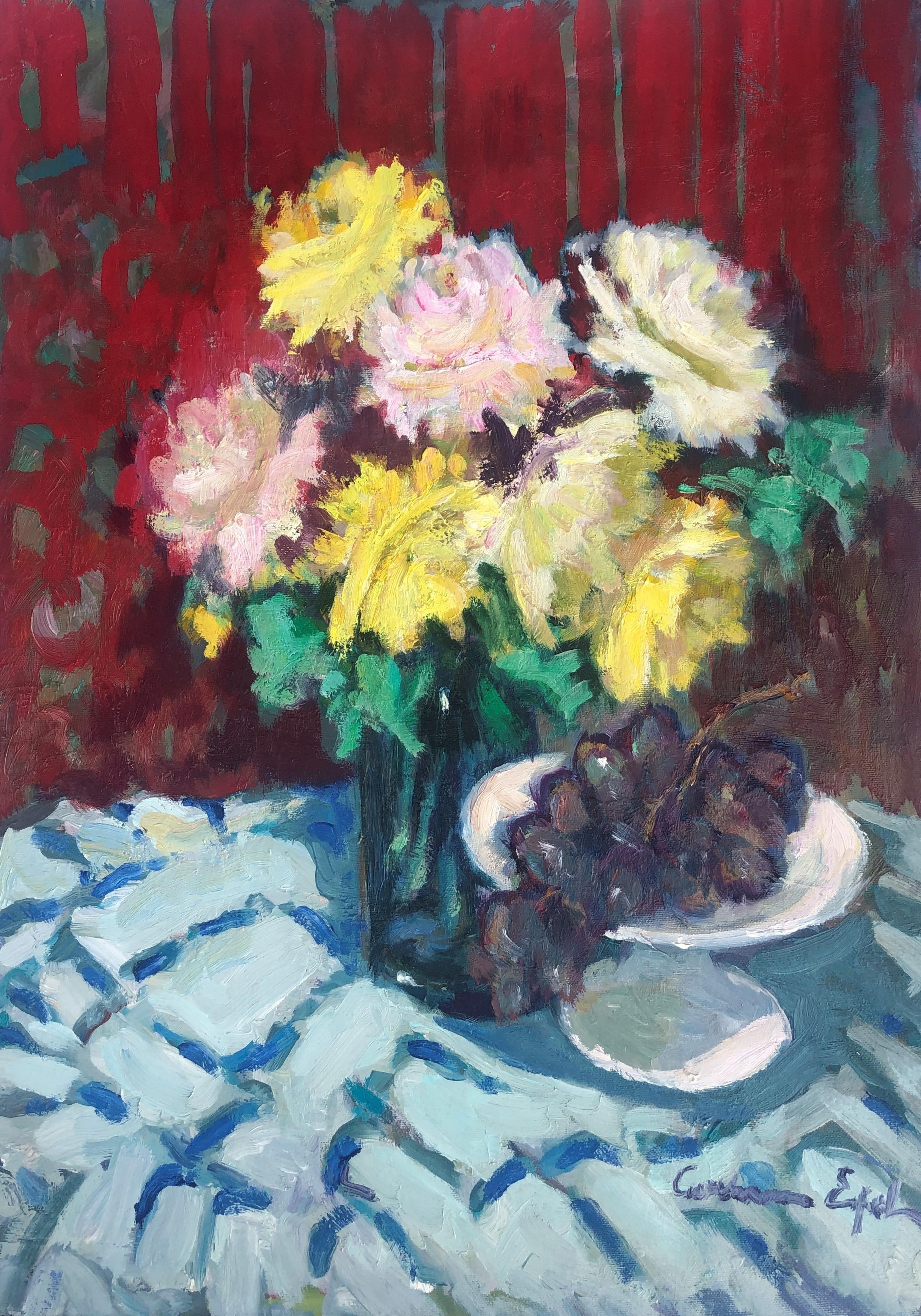 Still life of flowers and grapes oil on canvas painting