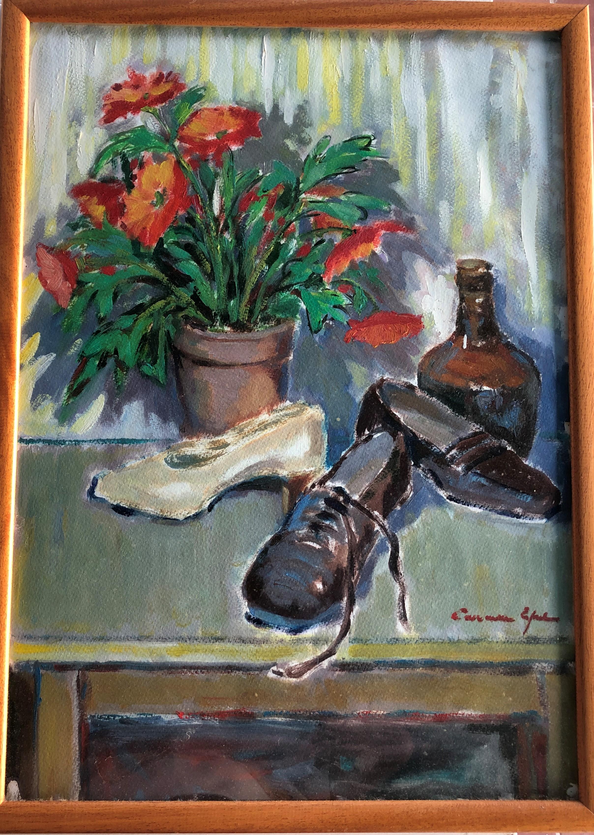 Still life of women's shoes and flowers oil on paper painting - Painting by Carmen Espel