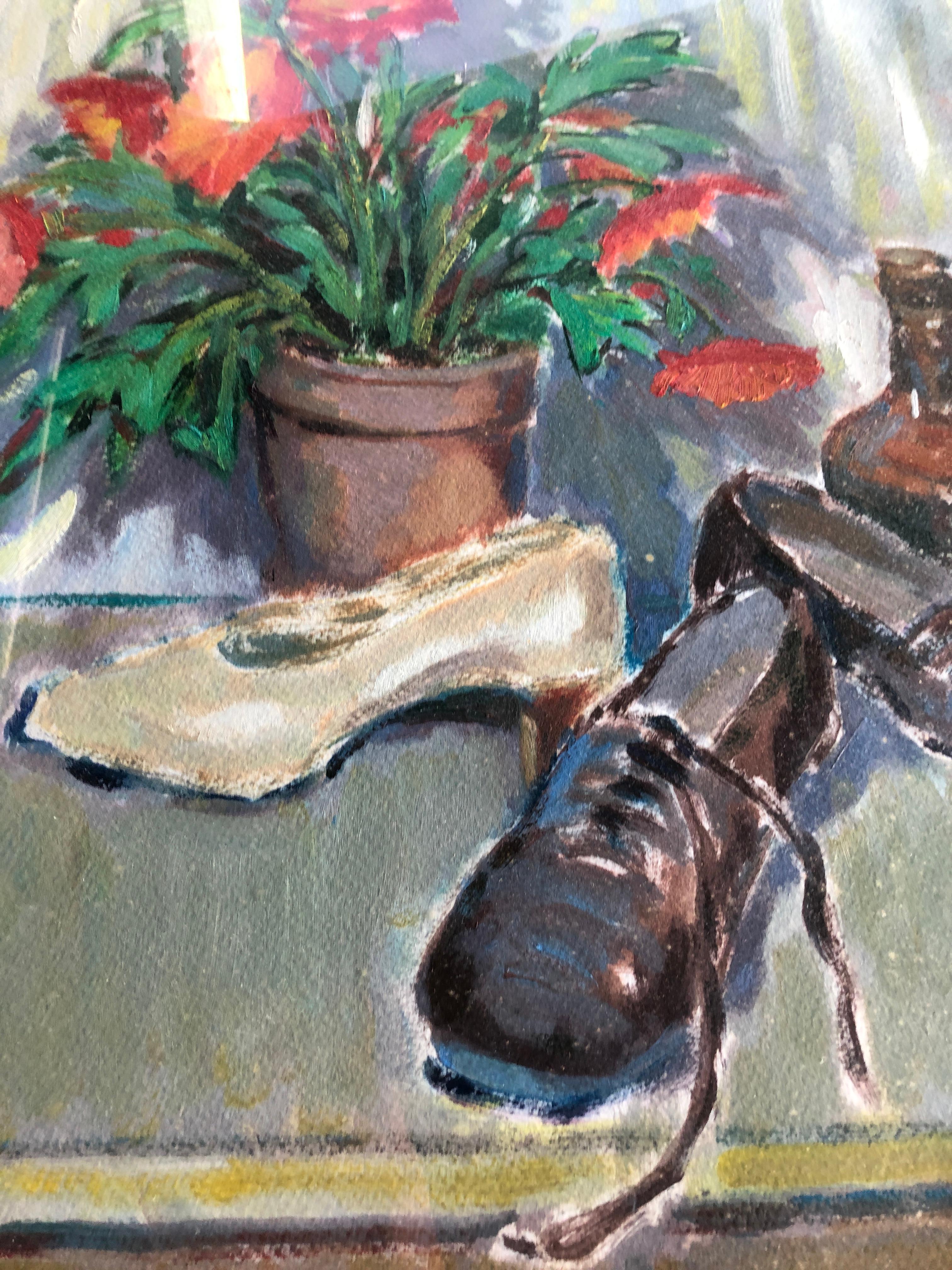Still life of women's shoes and flowers oil on paper painting - Post-Impressionist Painting by Carmen Espel