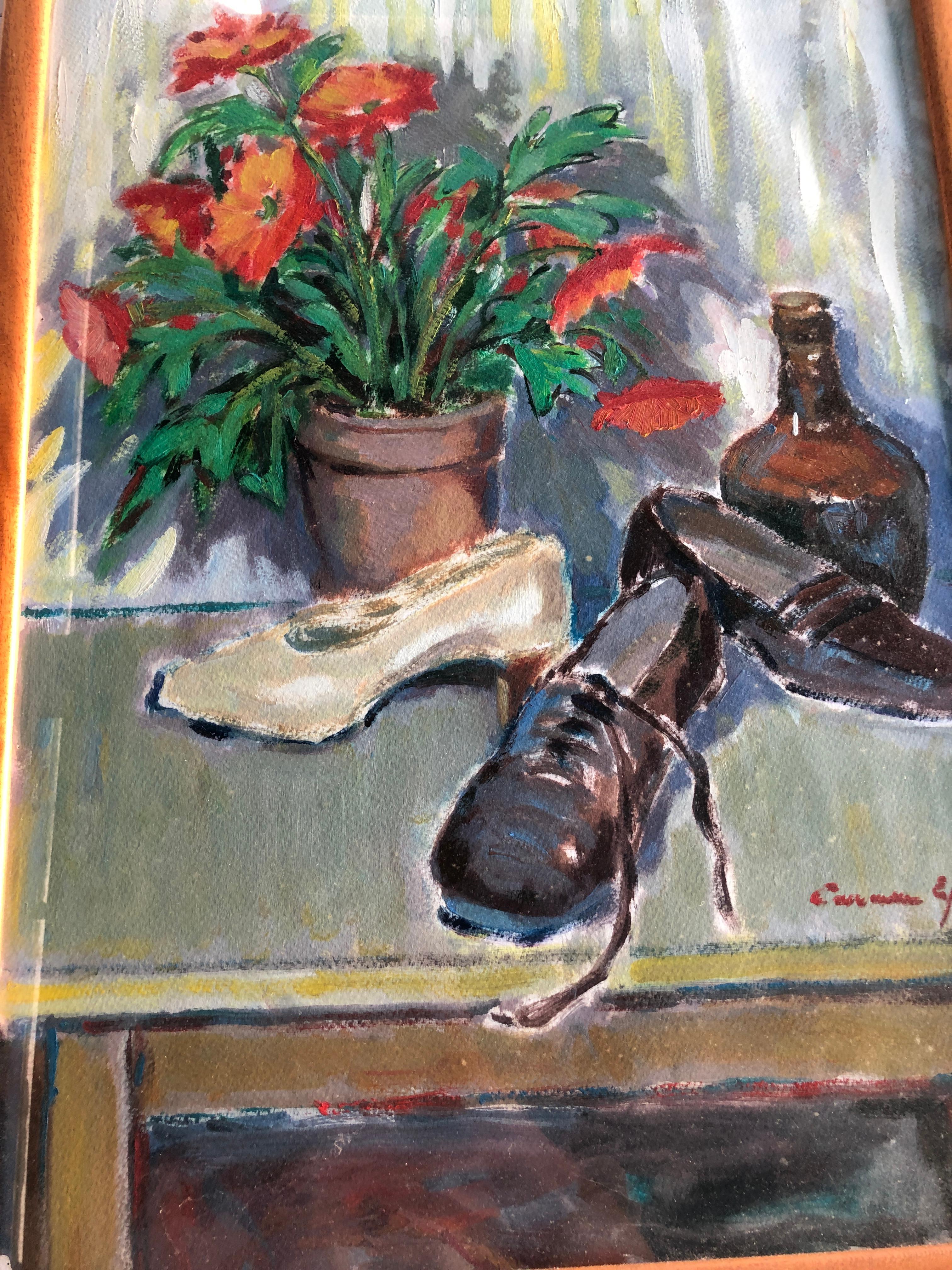 Still life of women's shoes and flowers oil on paper painting - Gray Still-Life Painting by Carmen Espel