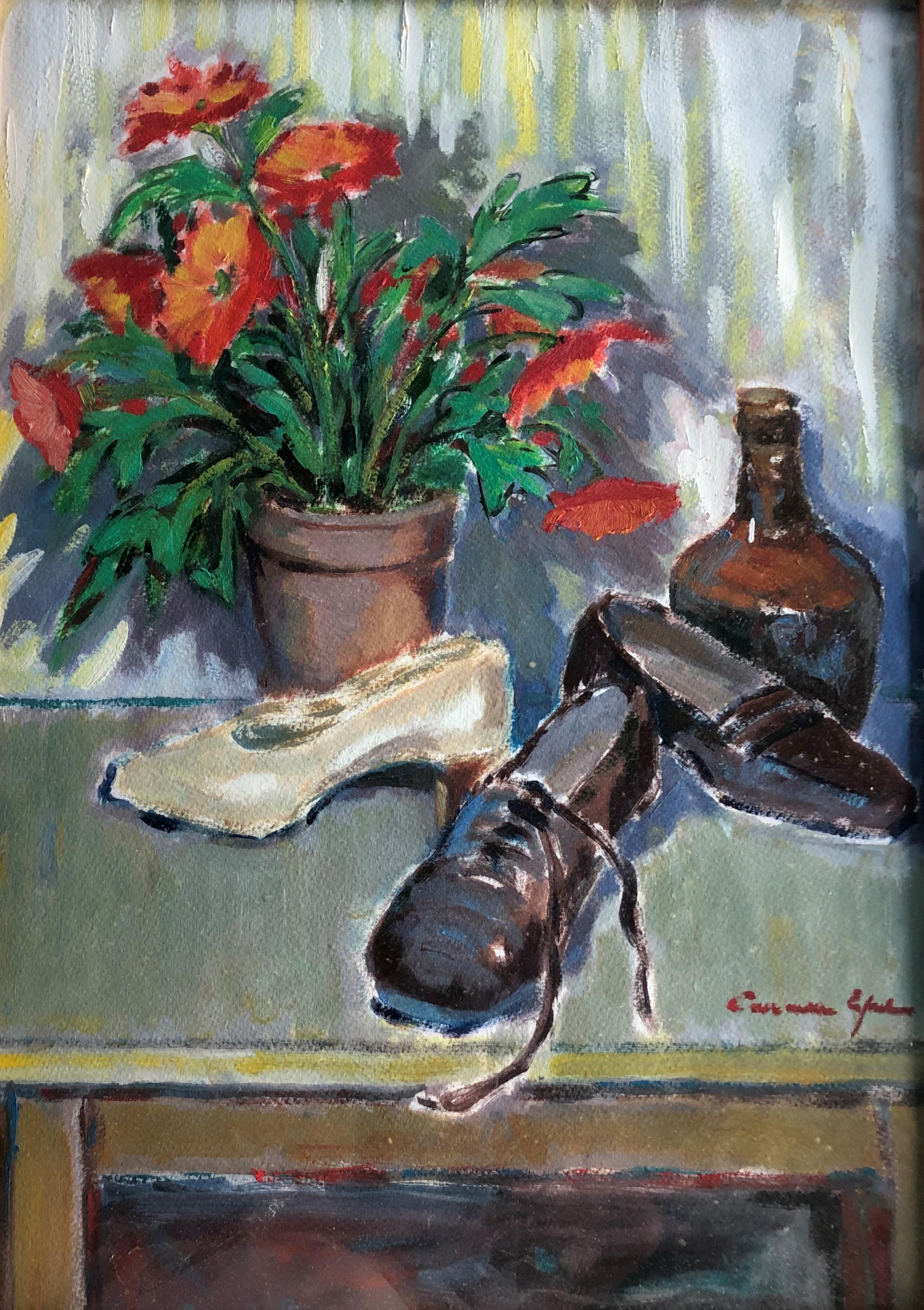 Bodegón de zapatos de mujer y flores pintura al óleo sobre papel