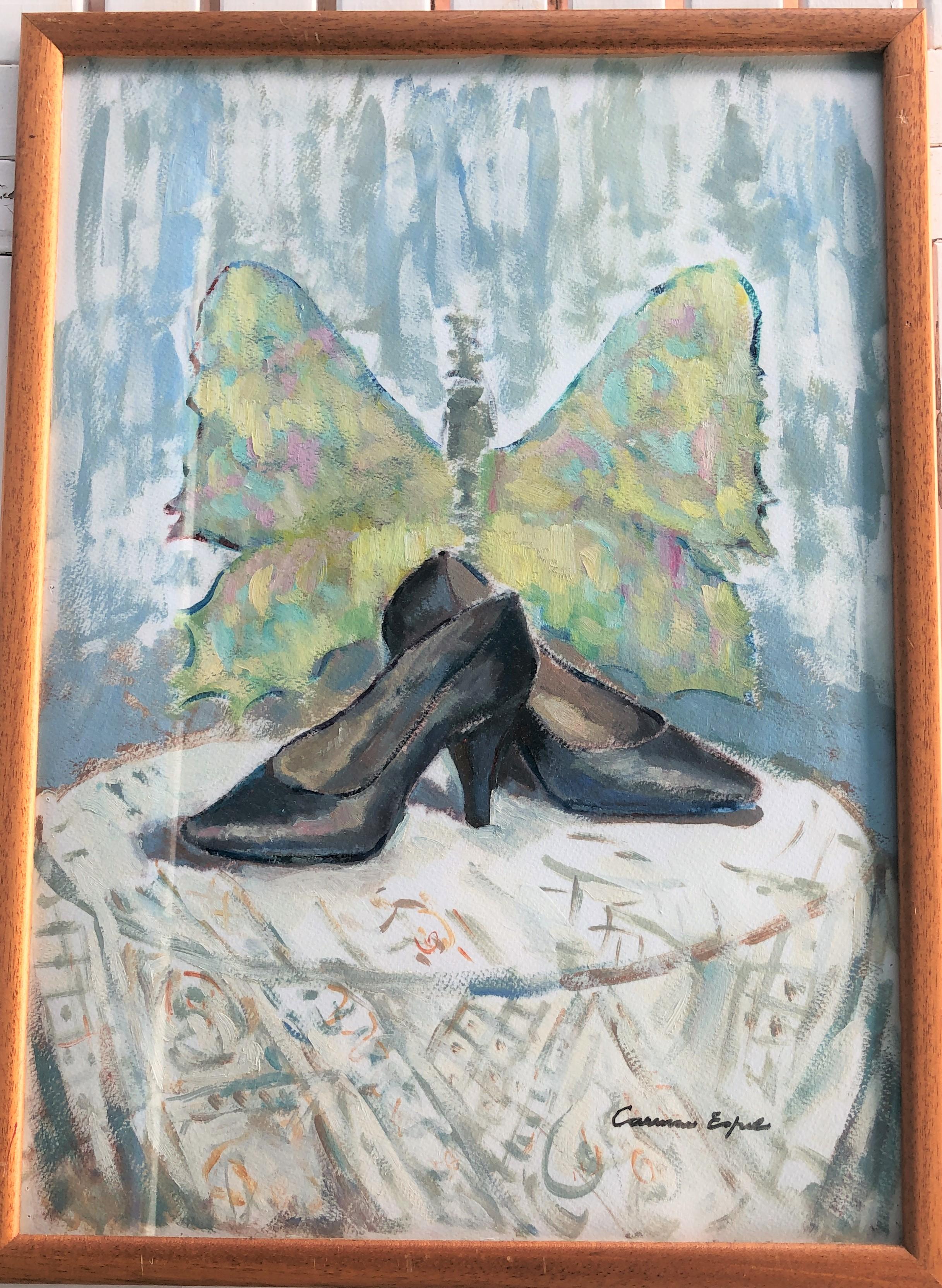 Still life of women's shoes oil on paper painting - Painting by Carmen Espel