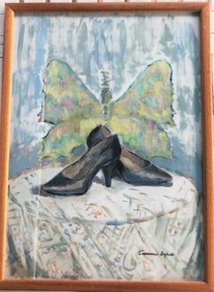 Still life of women's shoes oil on paper painting