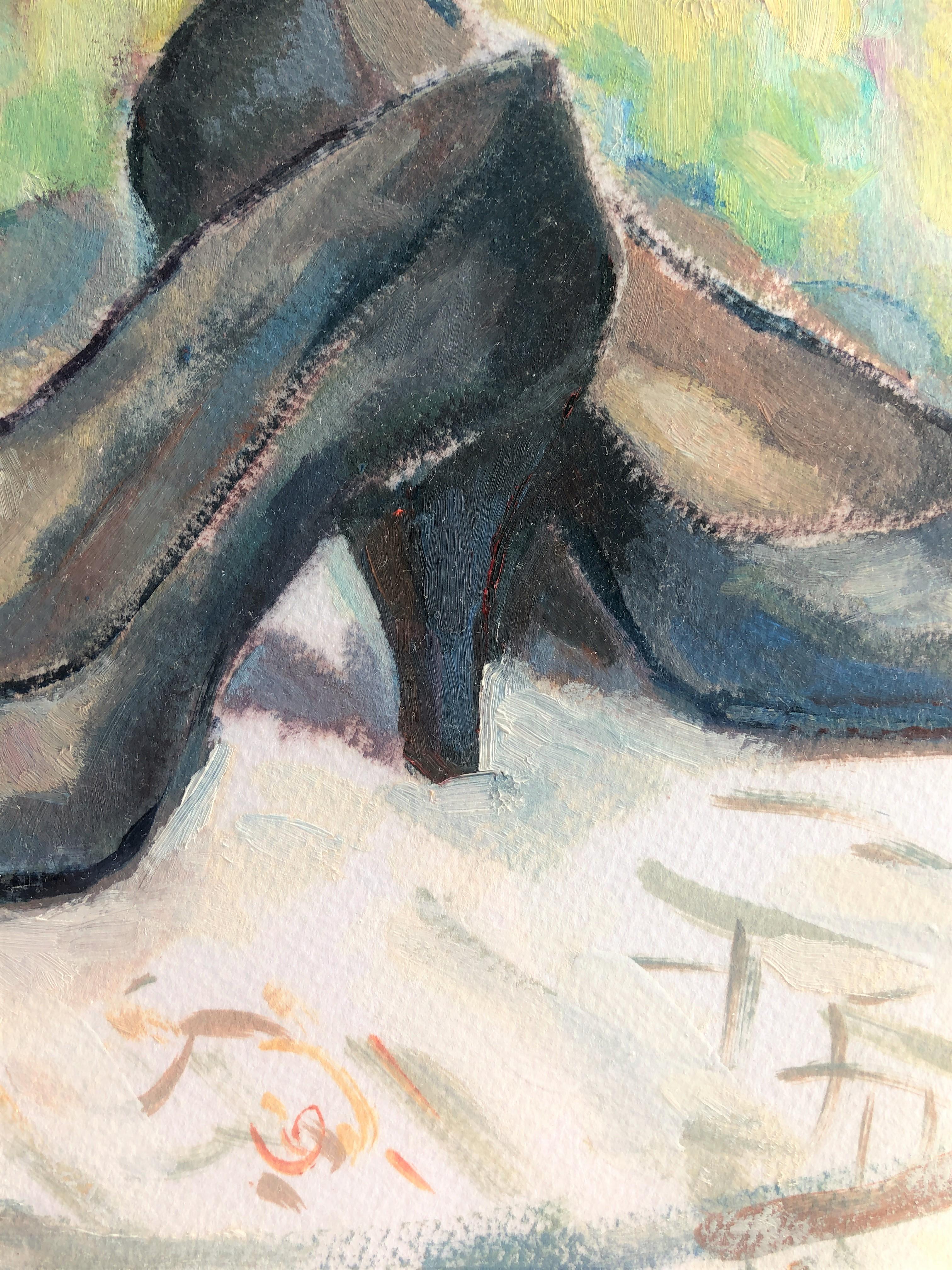 Nature morte de chaussures de femmes huile sur papier peinture - Post-impressionnisme Painting par Carmen Espel