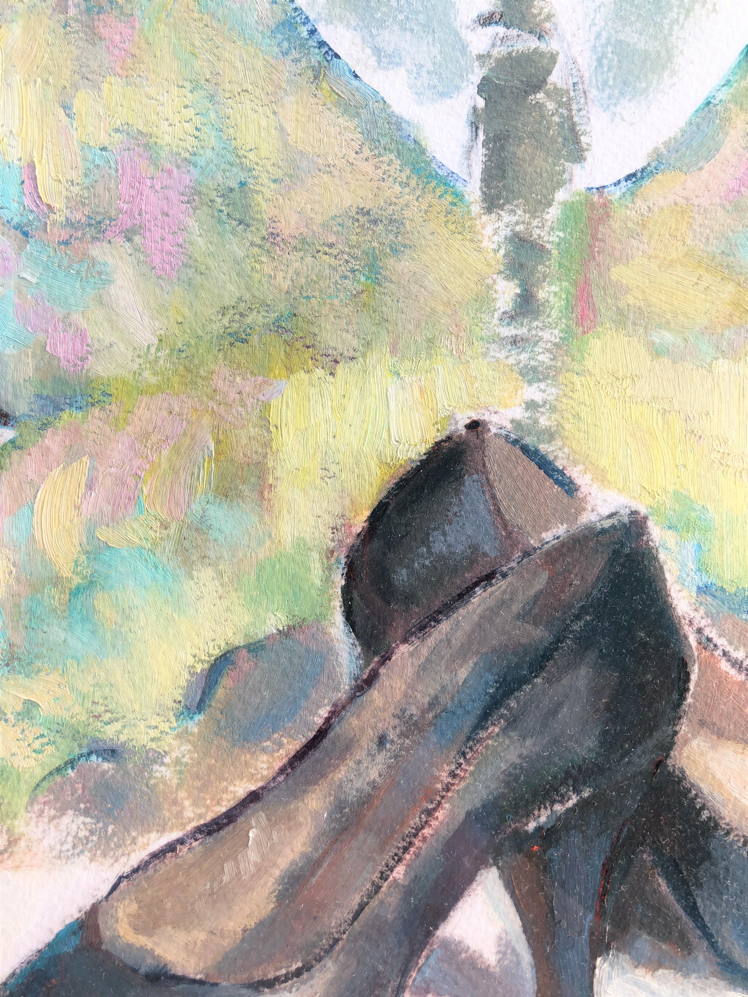 Nature morte de chaussures de femmes huile sur papier peinture - Gris Still-Life Painting par Carmen Espel