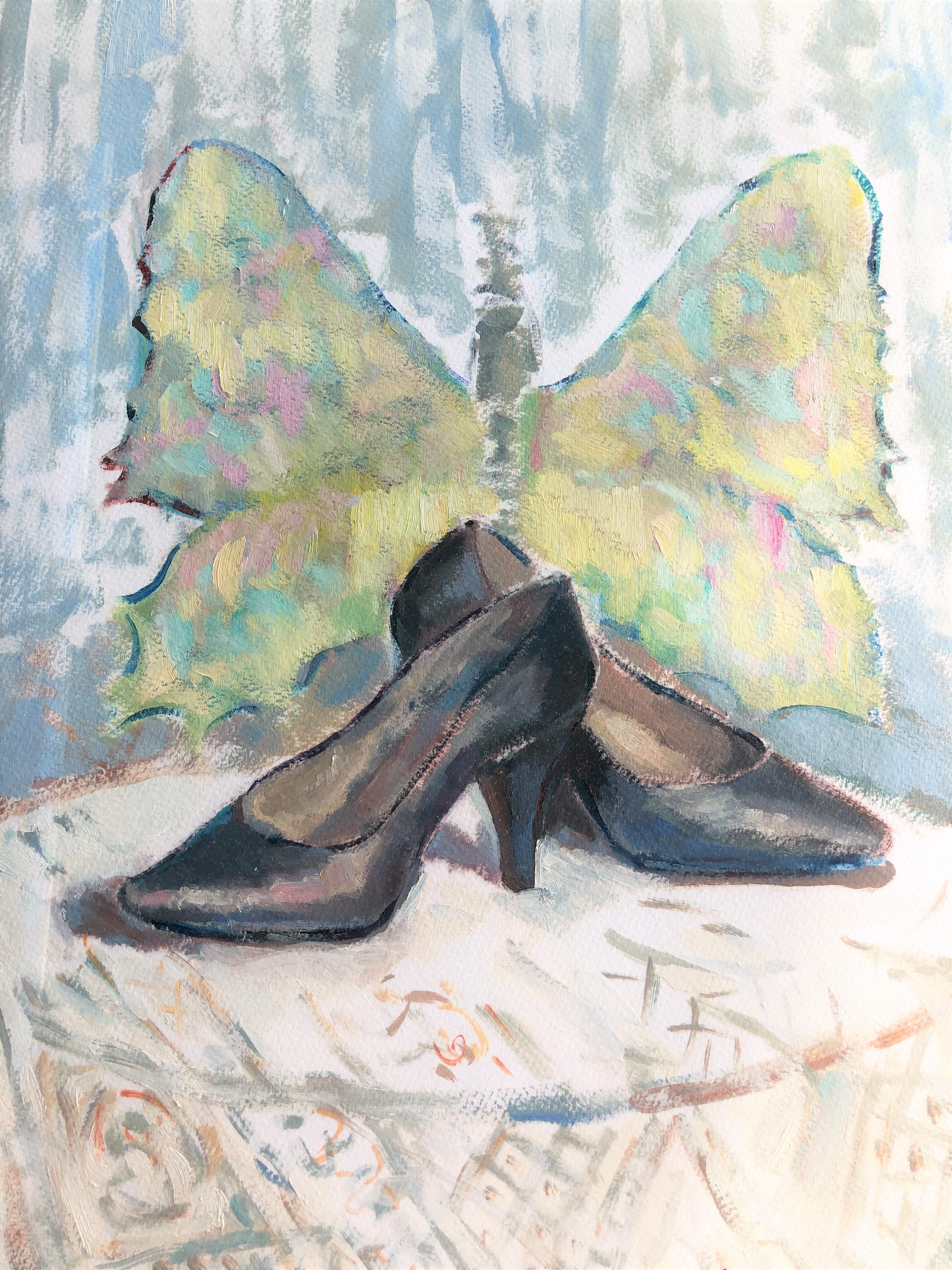 Still life of women's shoes oil on paper painting For Sale 1