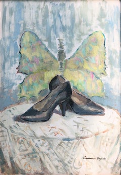 Still life of women's shoes oil on paper painting