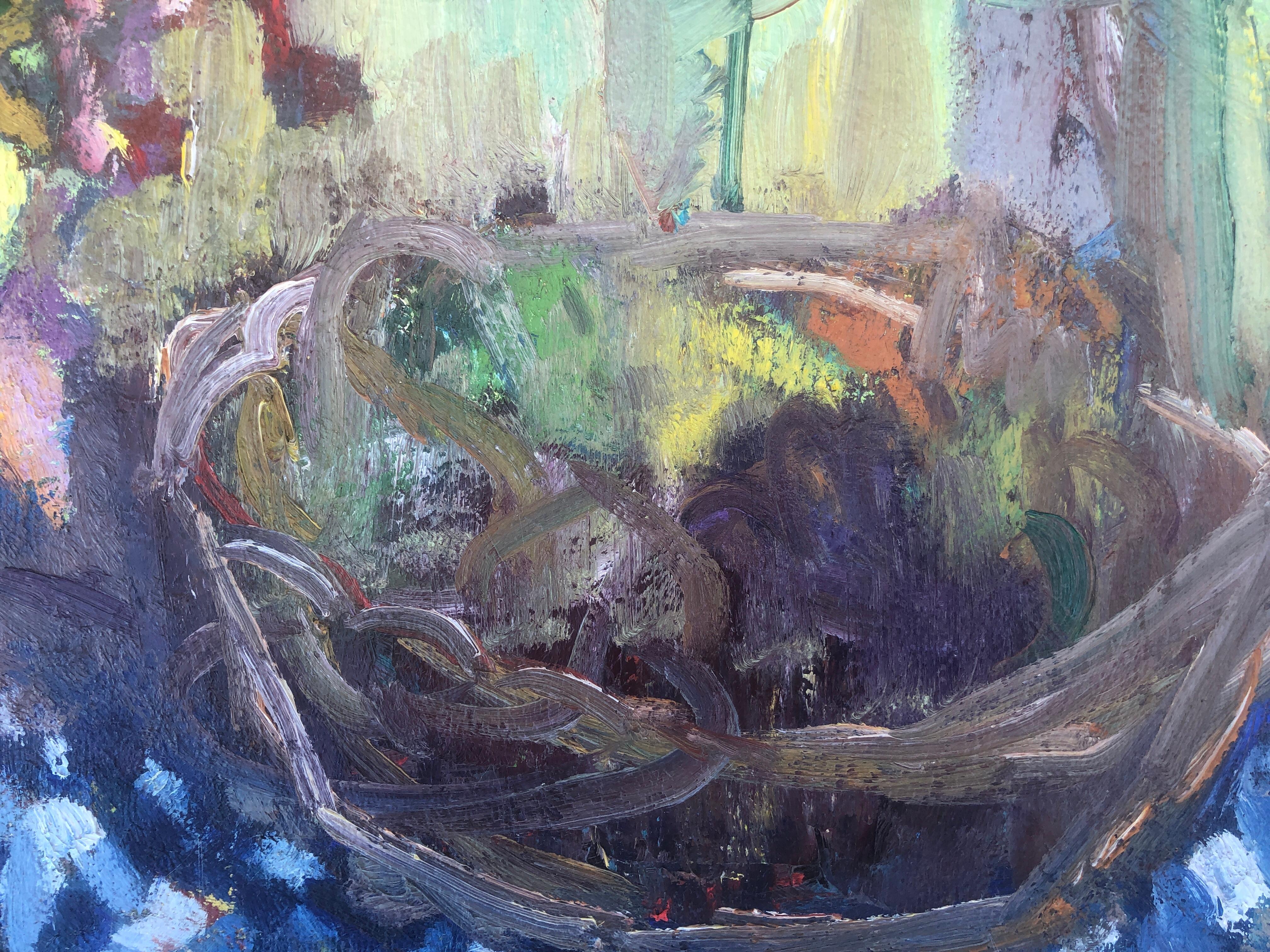 Nature morte avec le jardin à l'arrière-plan, peinture à l'huile sur toile - Post-impressionnisme Painting par Carmen Espel