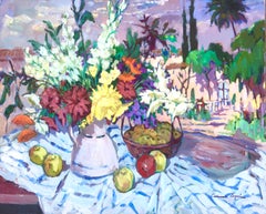 Still life with the garden in the background oil on canvas painting