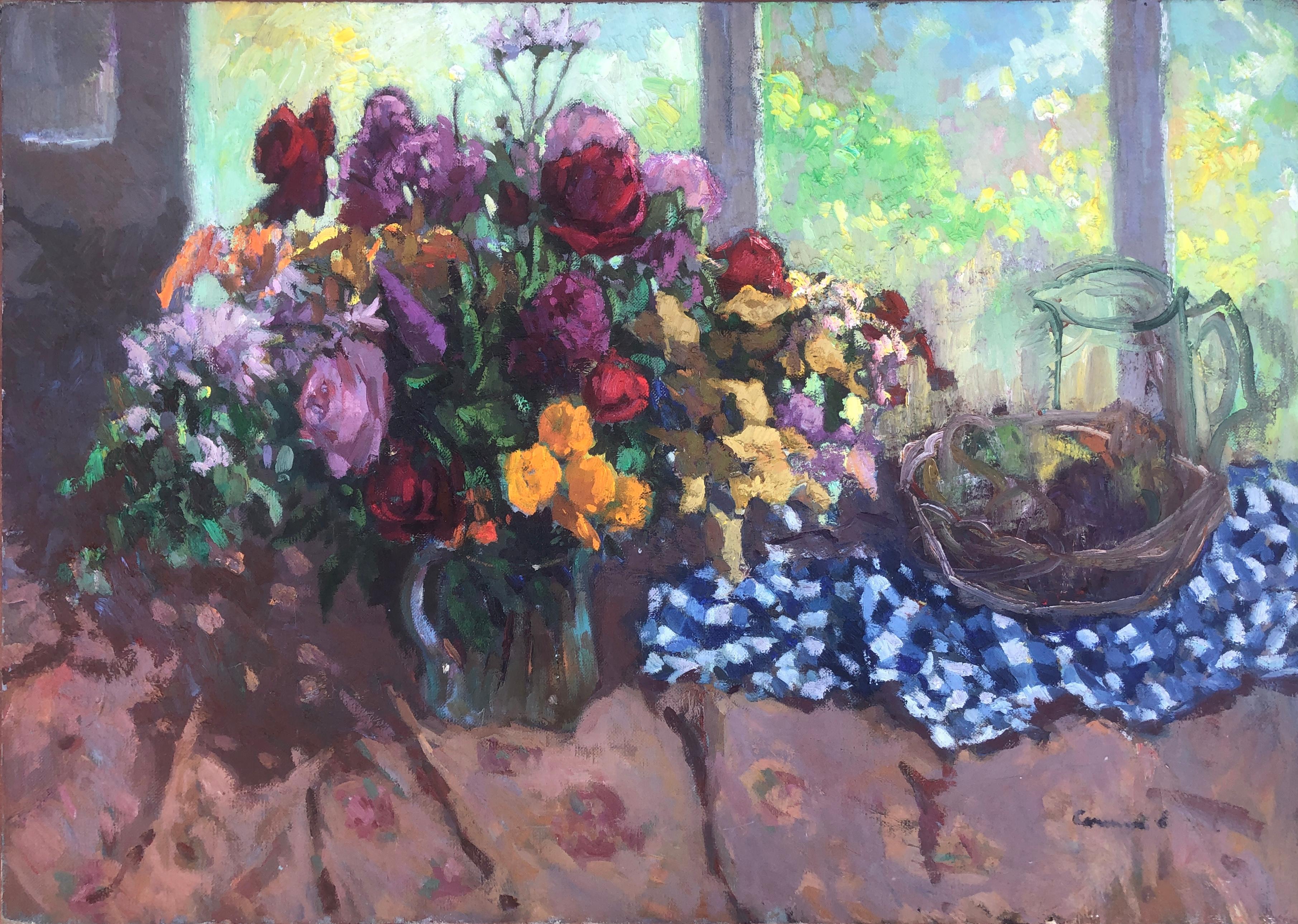 Still life with the garden in the background oil on canvas painting