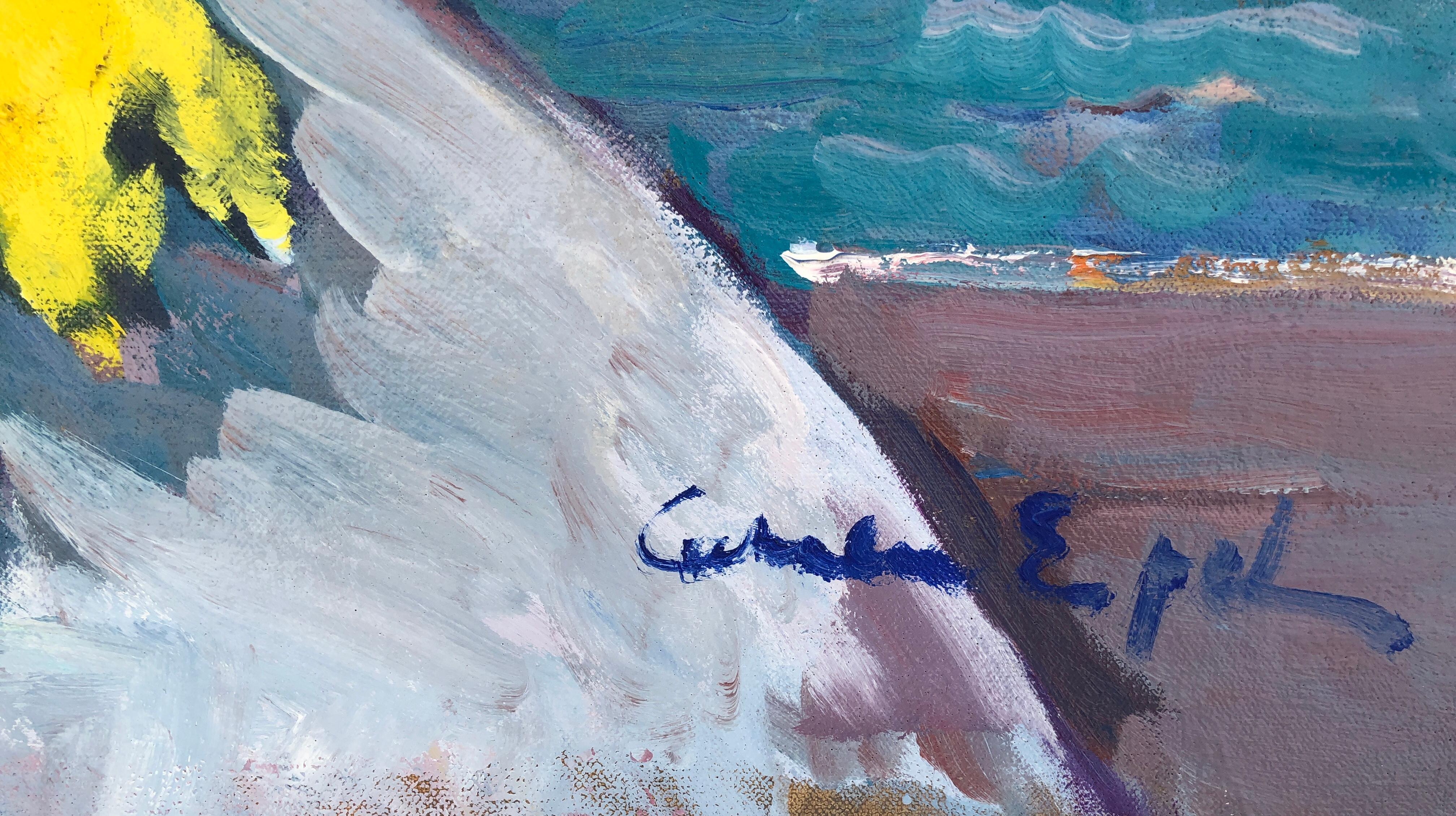 Nature morte avec la mer à l'arrière-plan, peinture à l'huile sur toile - Painting de Carmen Espel