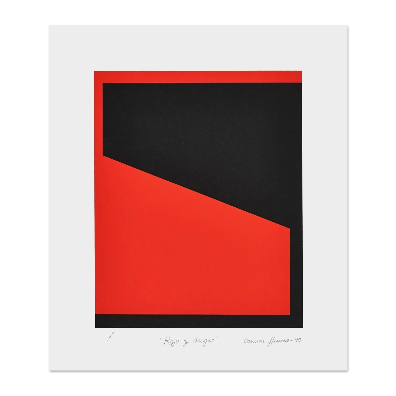 Carmen Herrera (Cuban, b. 1915)
Rojo y Negro, 1993
Medium: Screenprint on wove paper
Dimensions: 55.7 × 48 cm (21 9/10 × 18 9/10 in)
Edition of 200 + 25 A.P.: Hand-signed, numbered, titled and dated
Condition: Very good