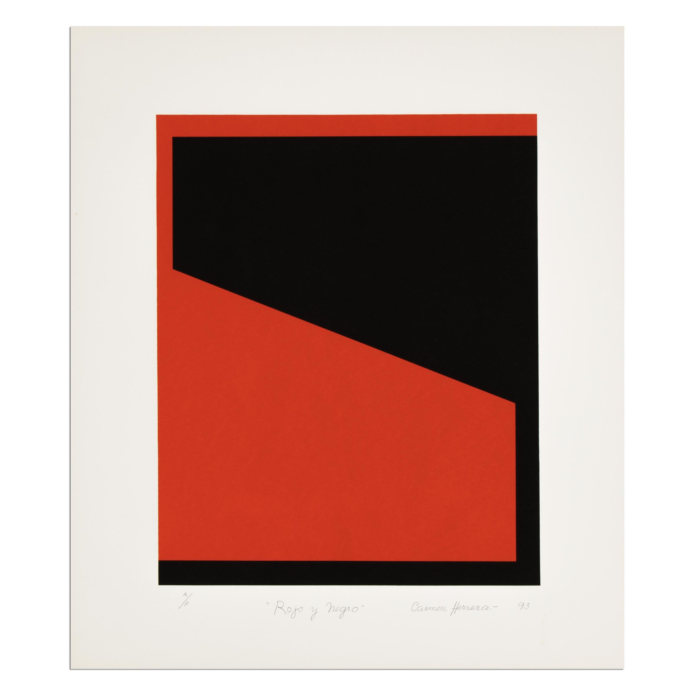 Carmen Herrera (Kubanerin, geb. 1915)
Rojo y Negro, 1993
Medium: Siebdruck auf Velinpapier
Abmessungen: 55,7 × 48 cm (21 9/10 × 18 9/10 in)
Auflage von 200 + 25 A.P.: handsigniert, nummeriert, betitelt und datiert
Zustand: Sehr gut