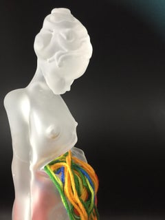 2020 - surreal flame-worked glass sculpture with female figure and fiber art