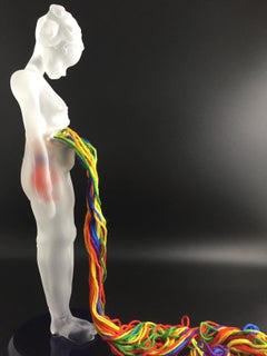 2020 - surreal flame-worked glass sculpture with female figure and fiber art 