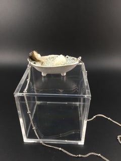 BATH- flame-worked glass necklace with female figure in bathtub and silver chain