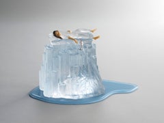 MELT - flame-worked glass sculpture with sleeping woman and iceberg