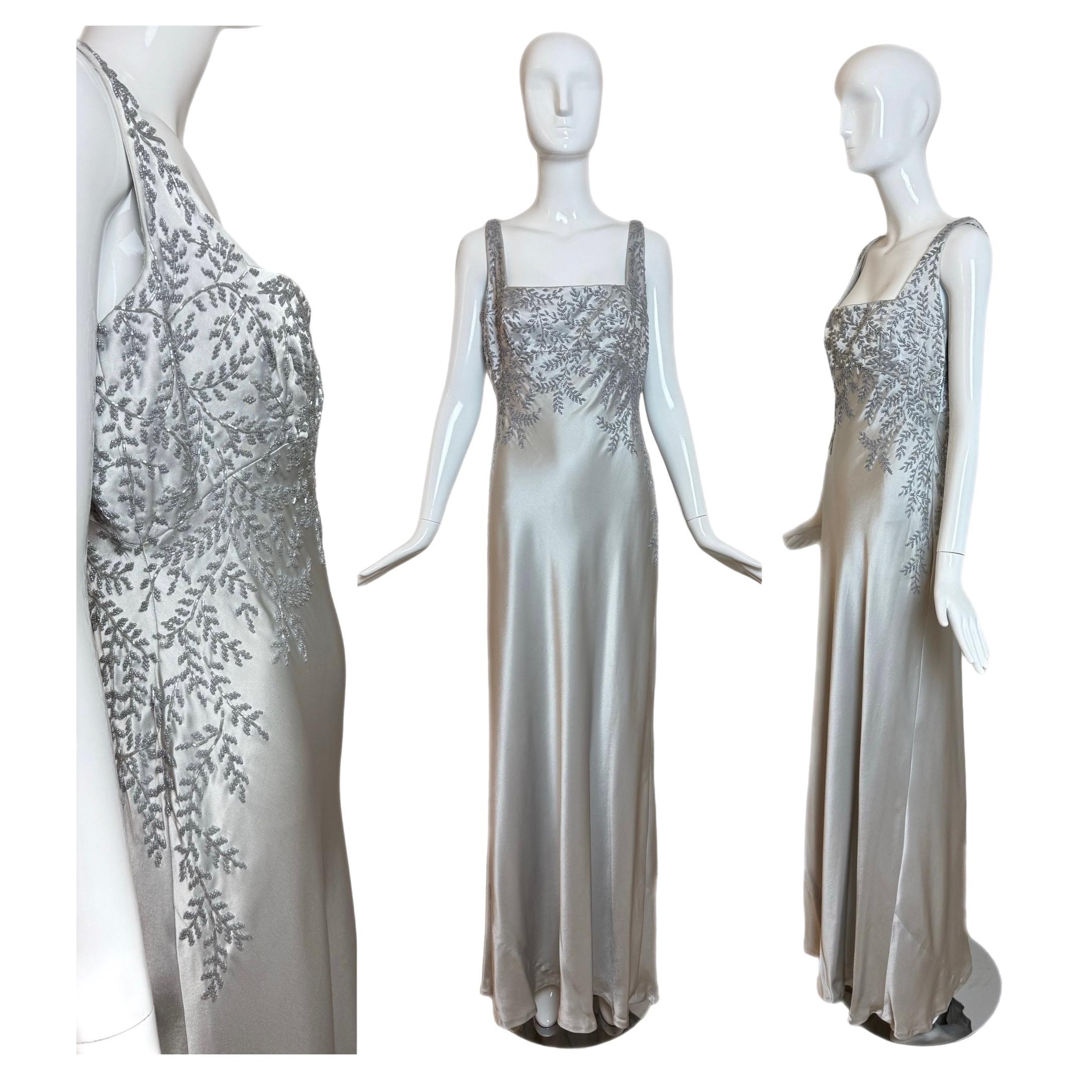 CARMEN MARC VALVO 90
s Vintage Silver Beaded Evening Gown Bridal Wedding Dress