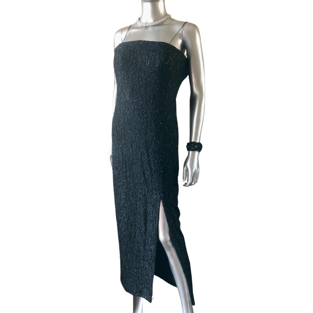 Carmen Marc Valvo Black Lace Hand Beaded Cocktail Dress w Front Slit Size 4 For Sale 7