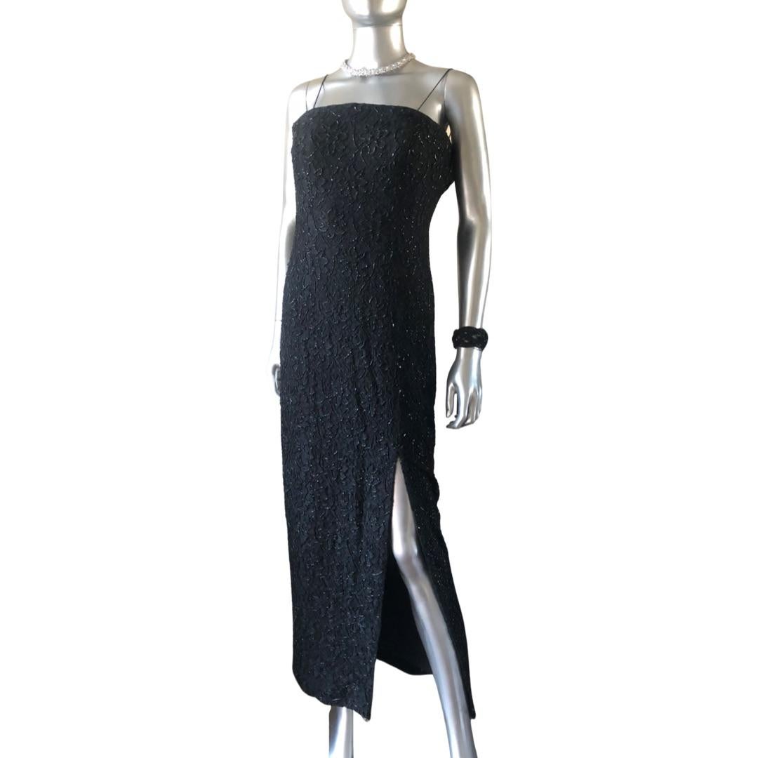 Carmen Marc Valvo Black Lace Hand Beaded Cocktail Dress w Front Slit Size 4 For Sale 8