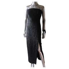 Carmen Marc Valvo Black Lace Hand Beaded Cocktail Dress w Front Slit Size 4