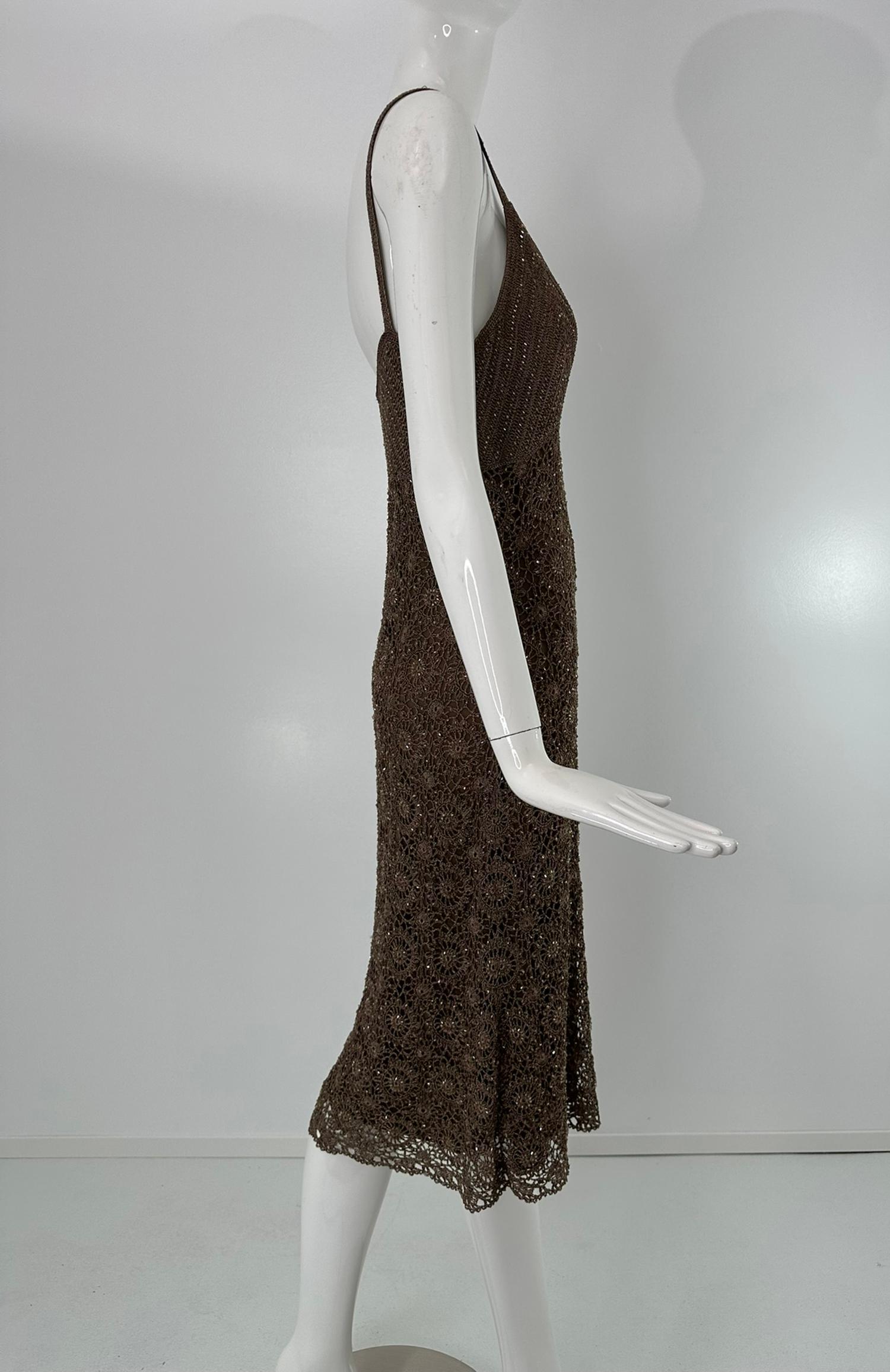 Carmen Marc Valvo Brown Open Work Rayon Crochet Glass Beaded Slip Dress Med. en vente 7