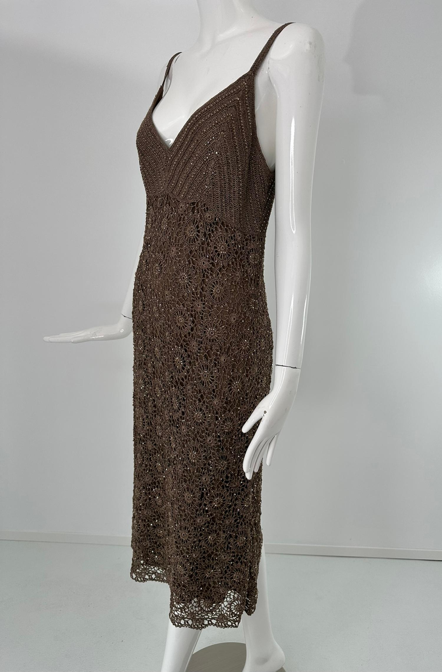 Noir Carmen Marc Valvo Brown Open Work Rayon Crochet Glass Beaded Slip Dress Med. en vente
