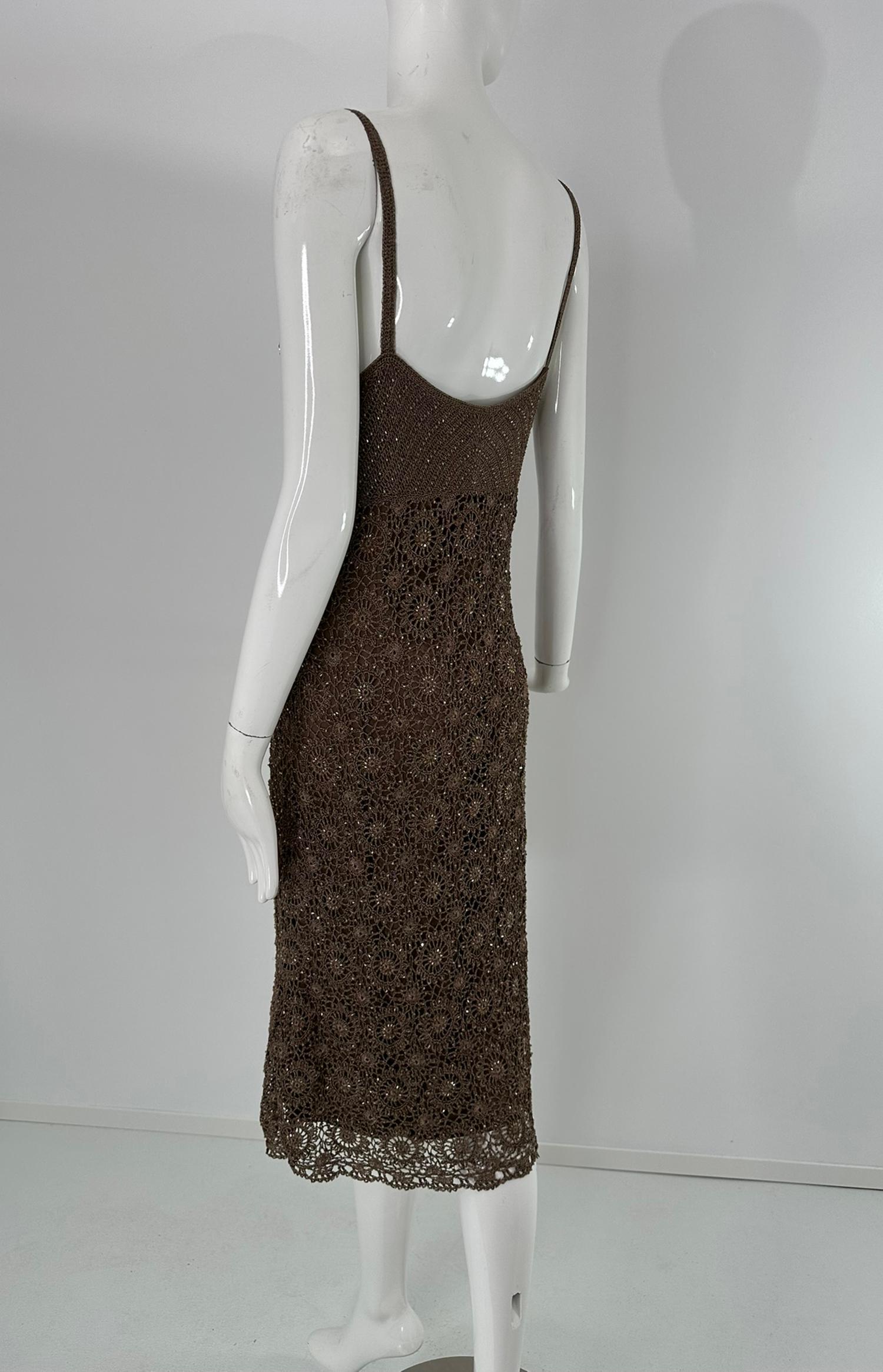 Carmen Marc Valvo Brown Open Work Rayon Crochet Glass Beaded Slip Dress Med. en vente 1