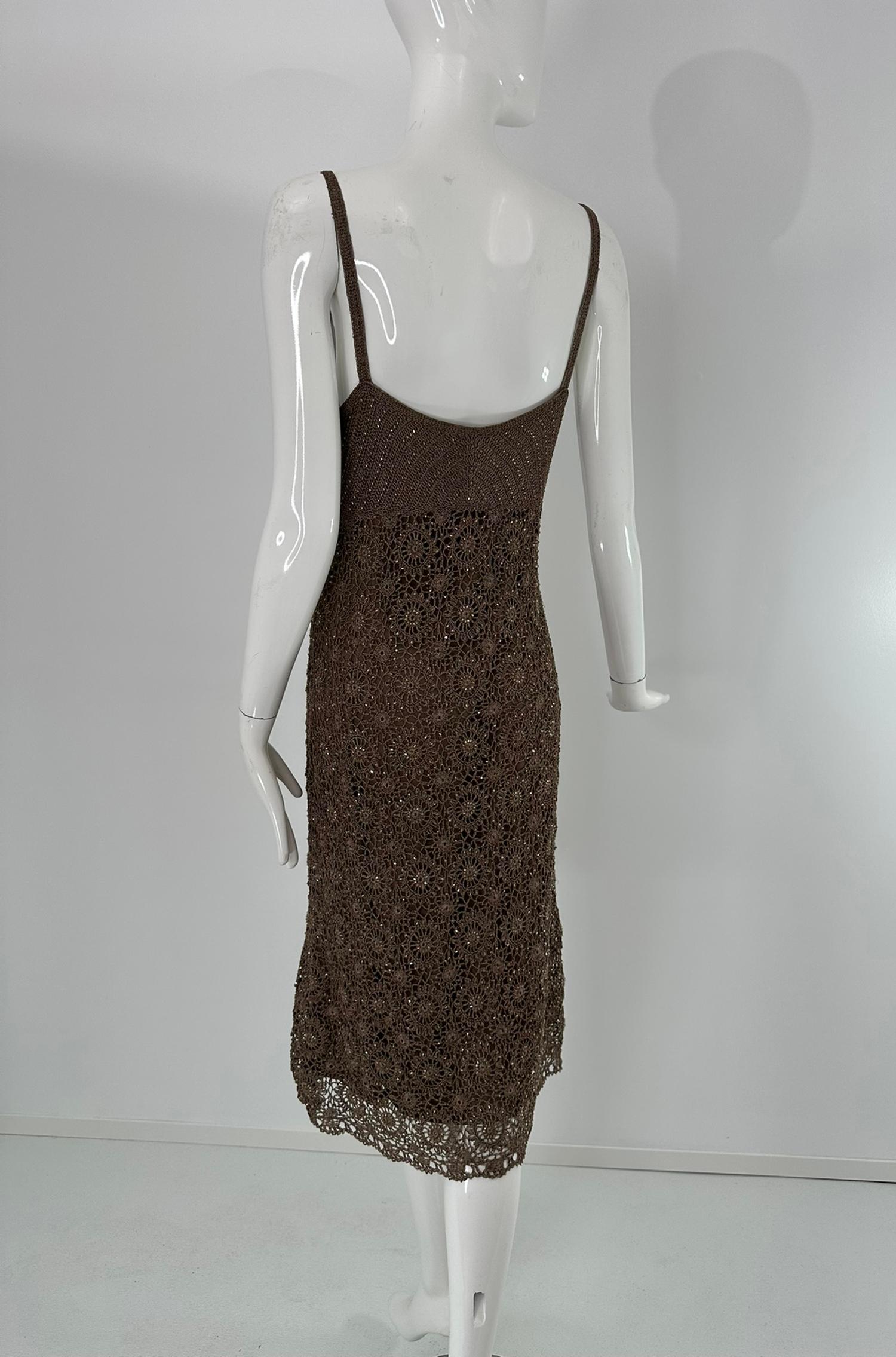 Carmen Marc Valvo Brown Open Work Rayon Crochet Glass Beaded Slip Dress Med. en vente 2