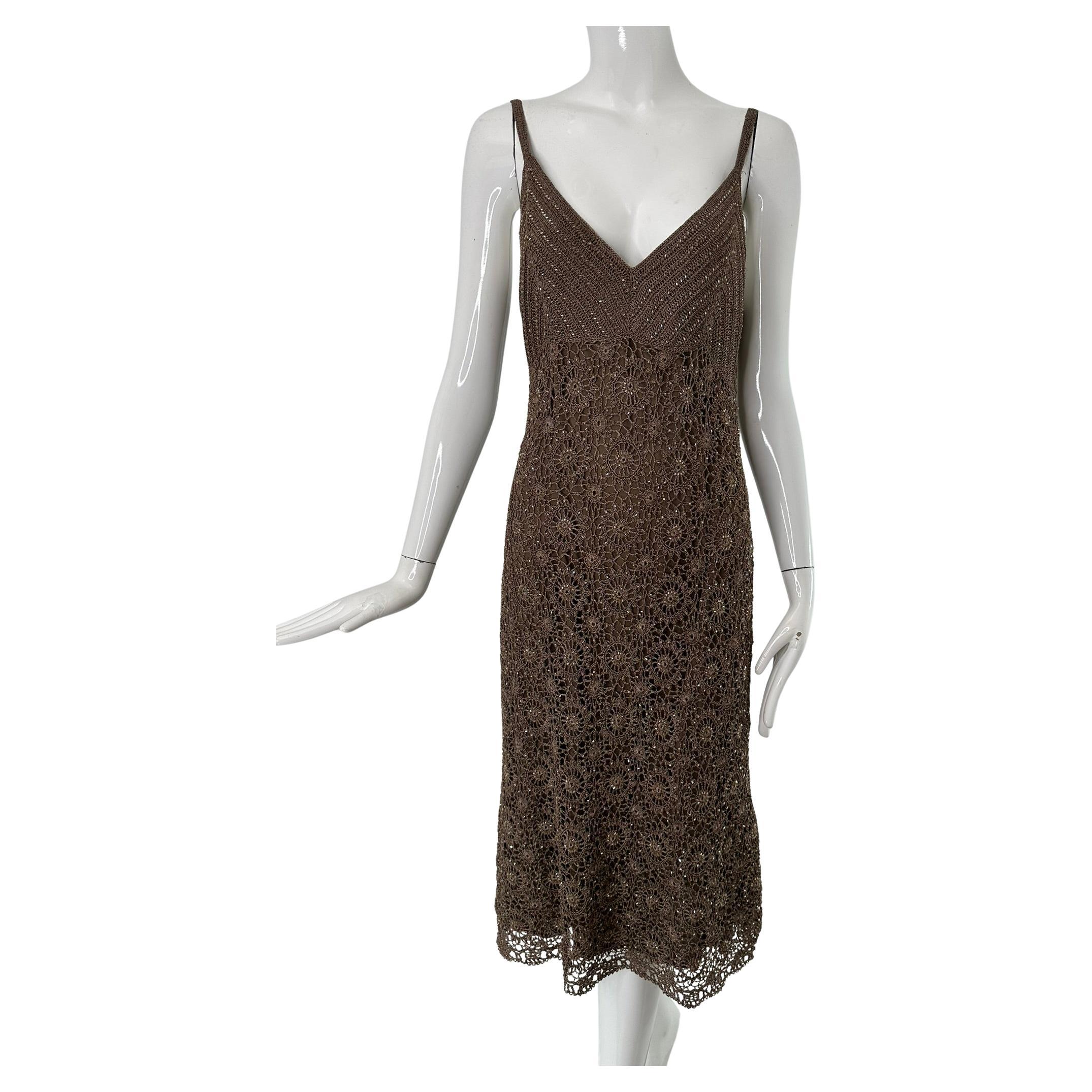 Carmen Marc Valvo Brown Open Work Rayon Crochet Glass Beaded Slip Dress Med. en vente