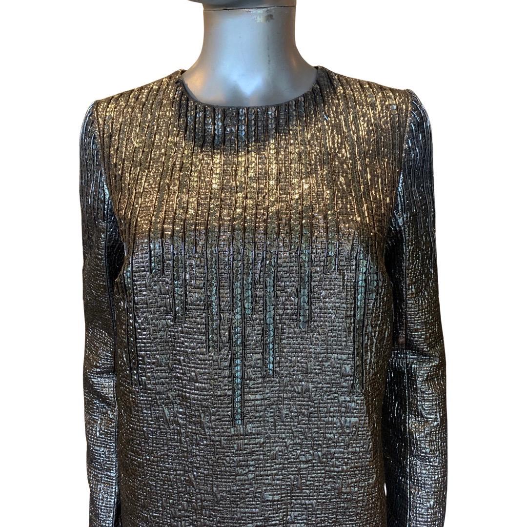 Carmen Marc Valvo Chic Gunmetal Metallic Cocktail Dress Hand Beaded Trim Size 4 For Sale 5