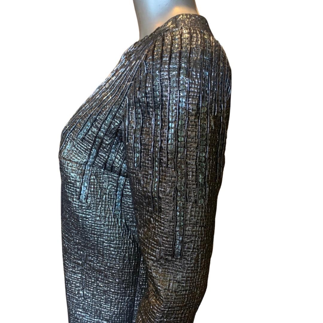 Carmen Marc Valvo Chic Gunmetal Metallic Cocktail Dress Hand Beaded Trim Size 4 For Sale 6