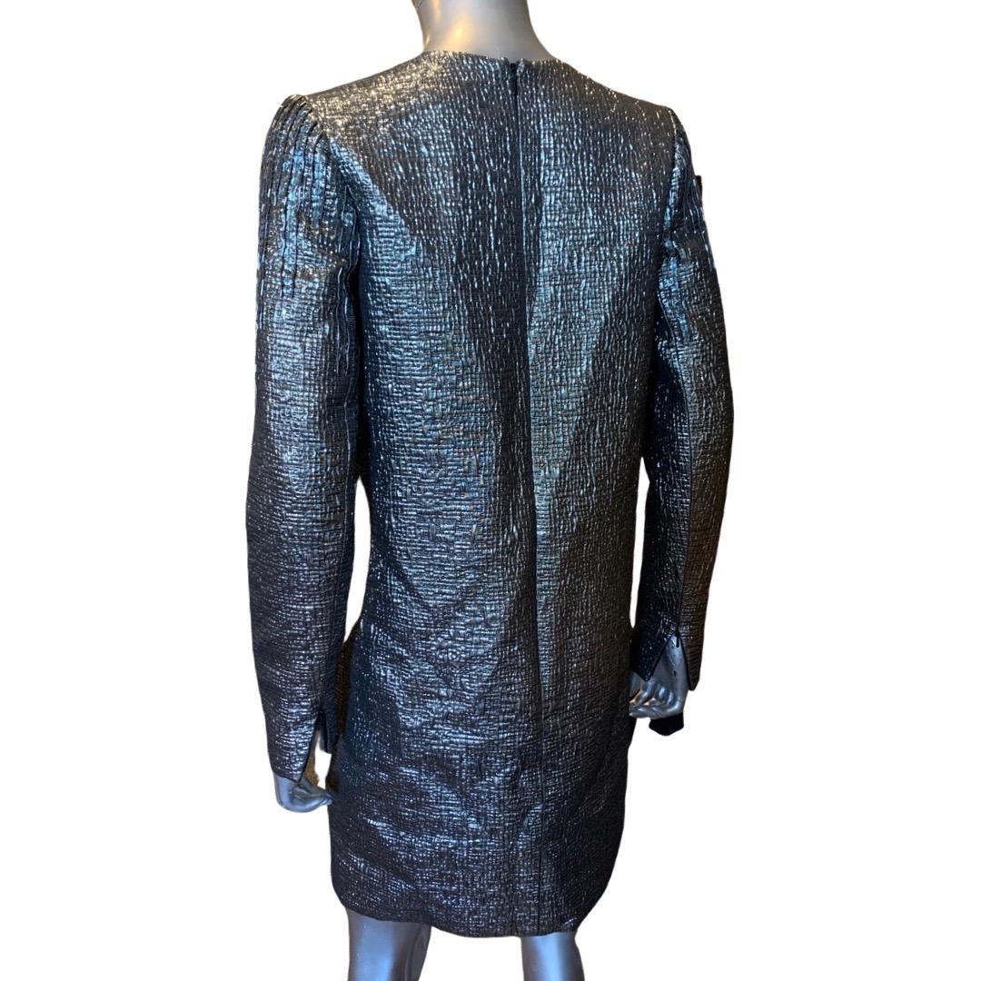 Carmen Marc Valvo Chic Gunmetal Metallic Cocktail Dress Hand Beaded Trim Size 4 For Sale 7